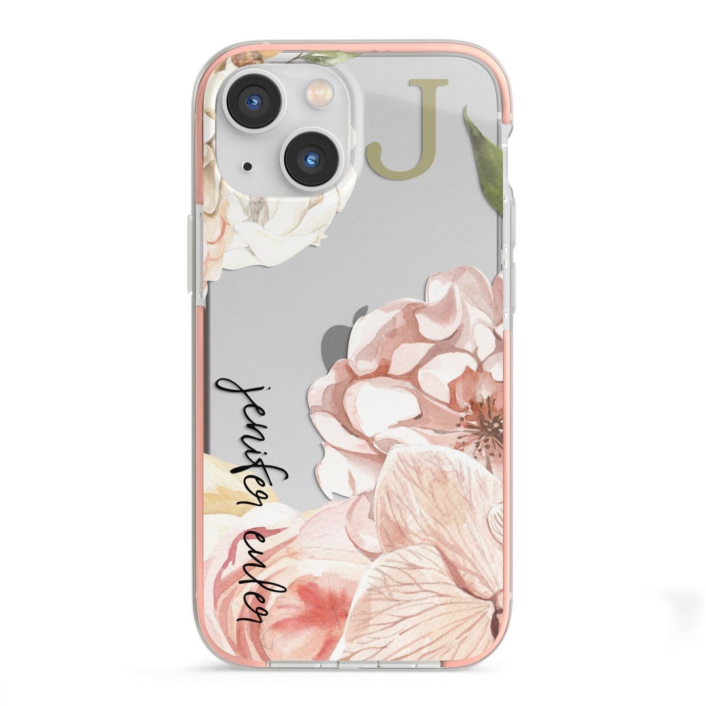 Spring Flowers Personalised Name iPhone 13 Mini TPU Impact Case with Pink Edges