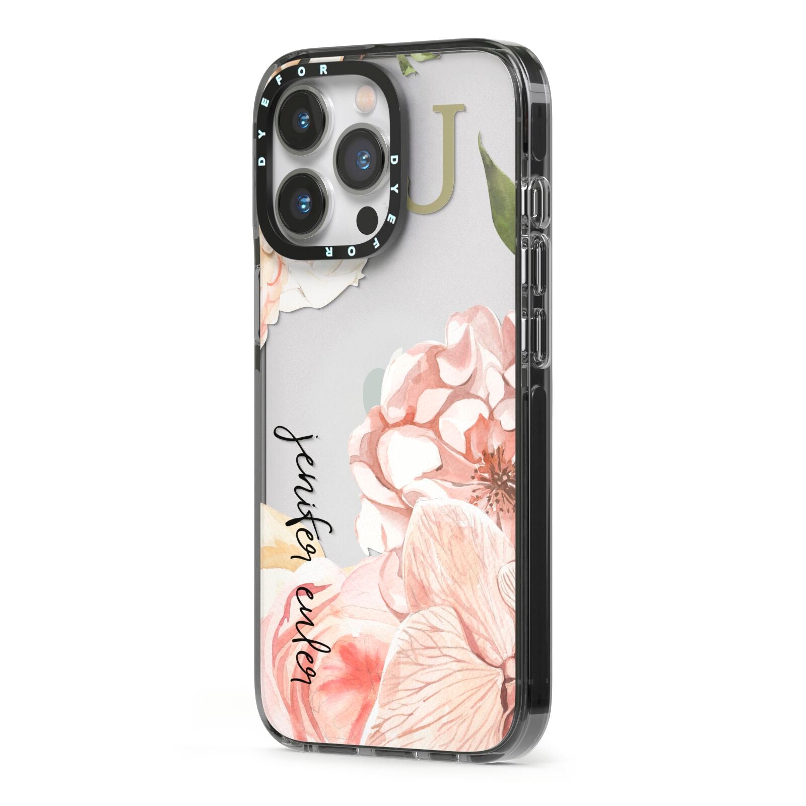 Spring Flowers Personalised Name iPhone 13 Pro Black Impact Case Side Angle on Silver phone