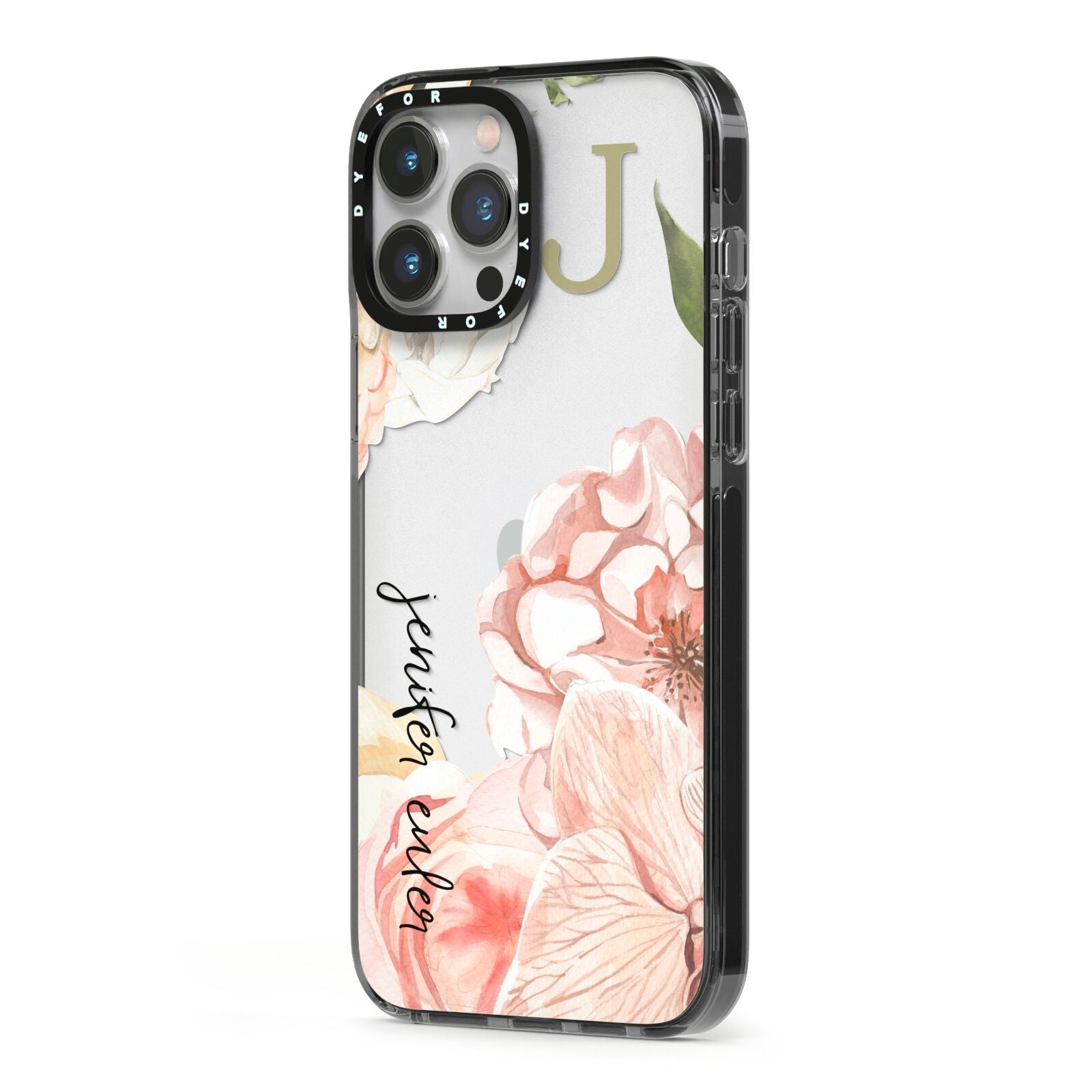 Spring Flowers Personalised Name iPhone 13 Pro Max Black Impact Case Side Angle on Silver phone