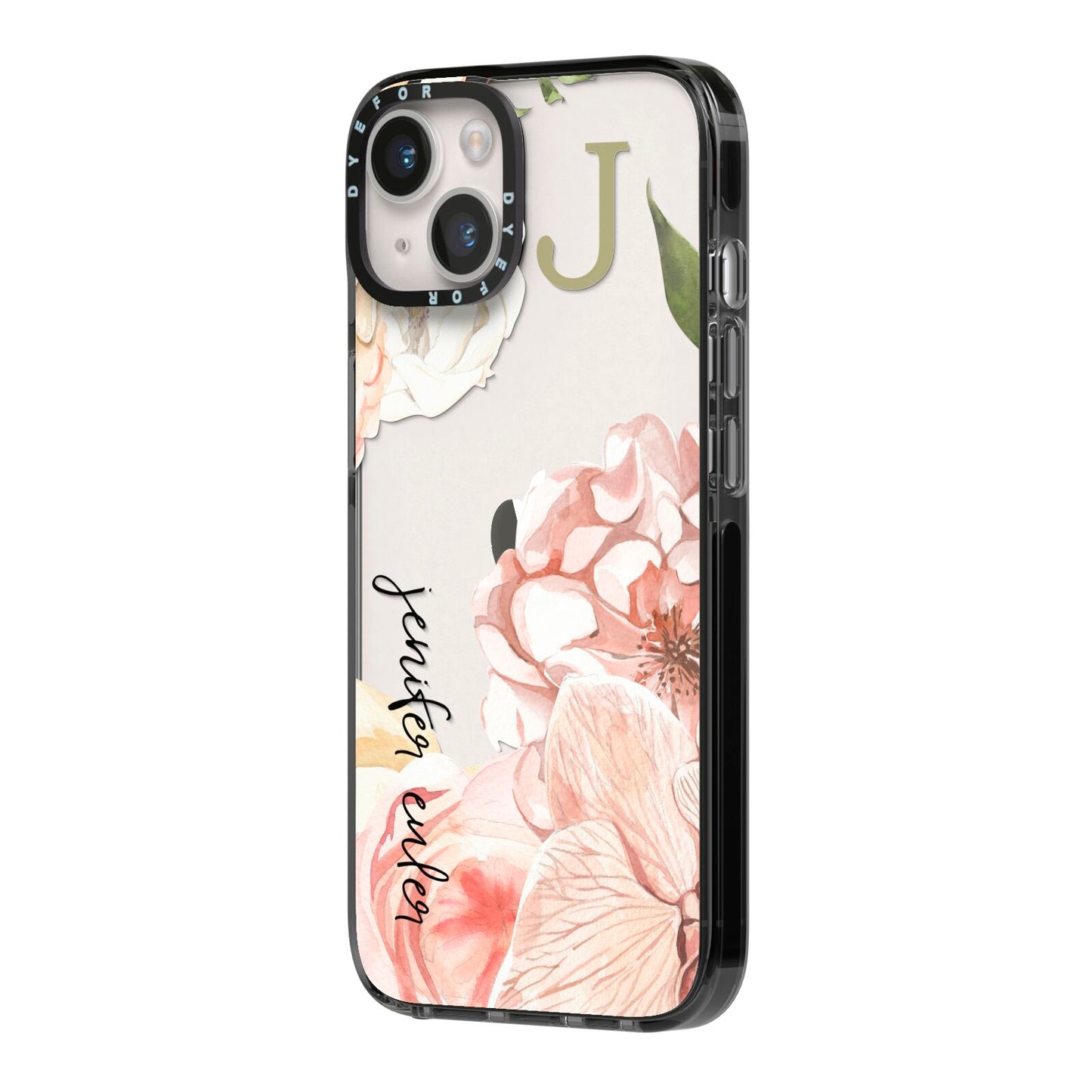 Spring Flowers Personalised Name iPhone 14 Black Impact Case Side Angle on Silver phone