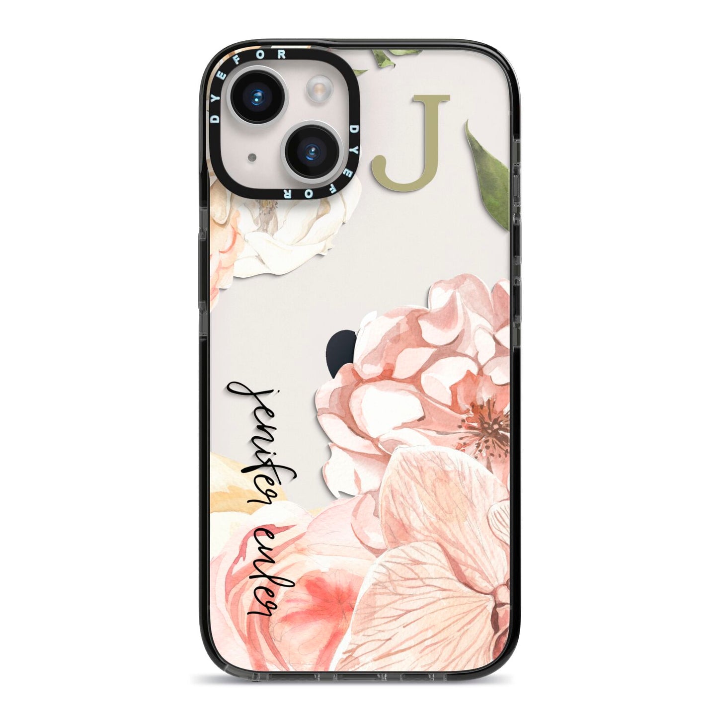 Spring Flowers Personalised Name iPhone 14 Black Impact Case on Silver phone