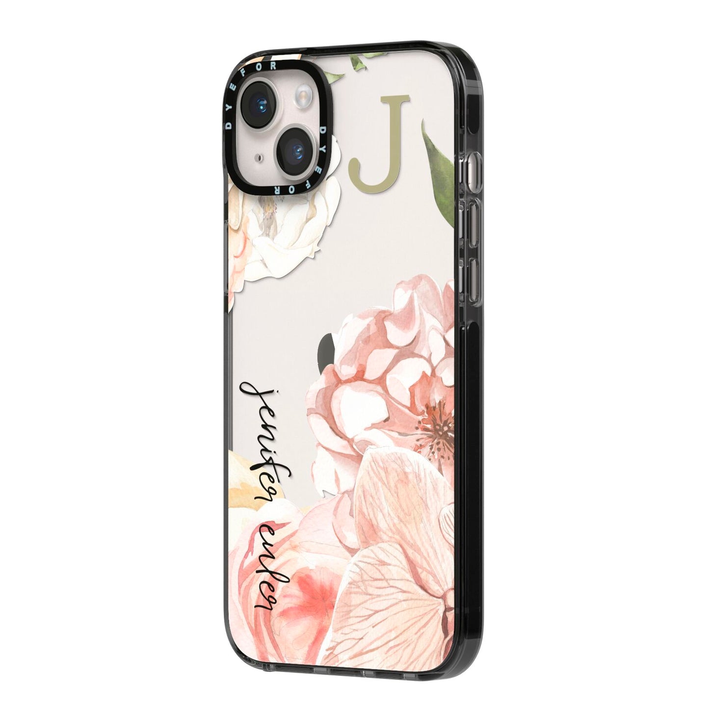 Spring Flowers Personalised Name iPhone 14 Plus Black Impact Case Side Angle on Silver phone
