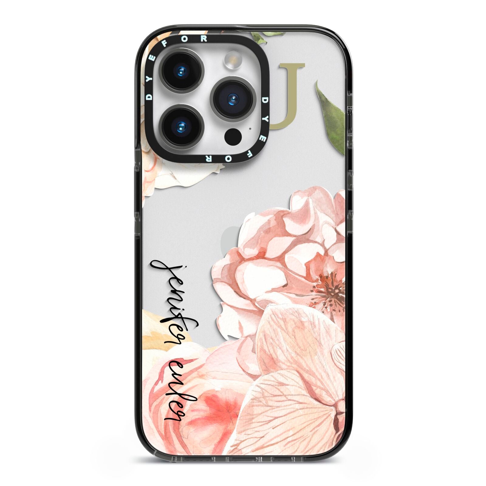 Spring Flowers Personalised Name iPhone 14 Pro Black Impact Case on Silver phone