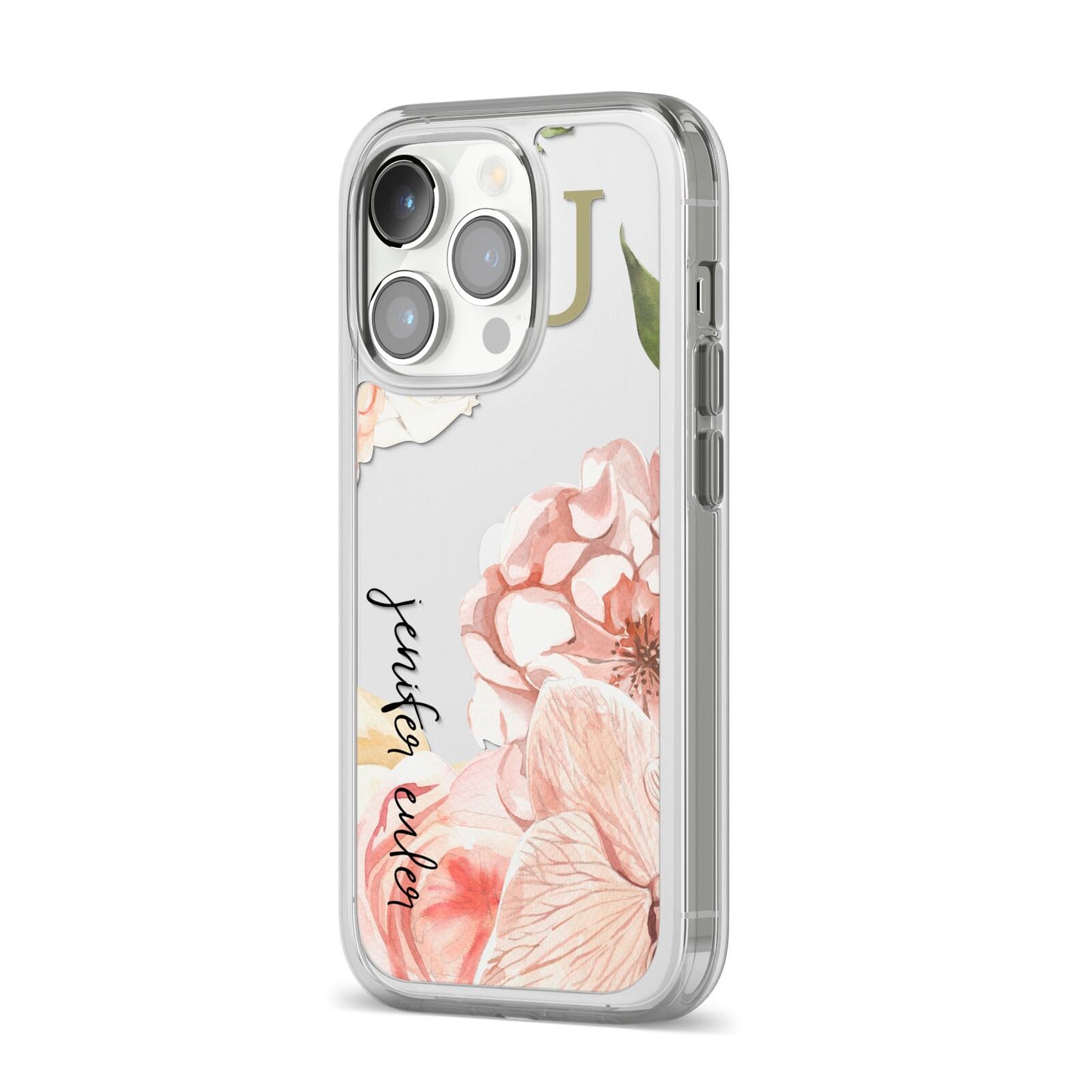 Spring Flowers Personalised Name iPhone 14 Pro Clear Tough Case Silver Angled Image