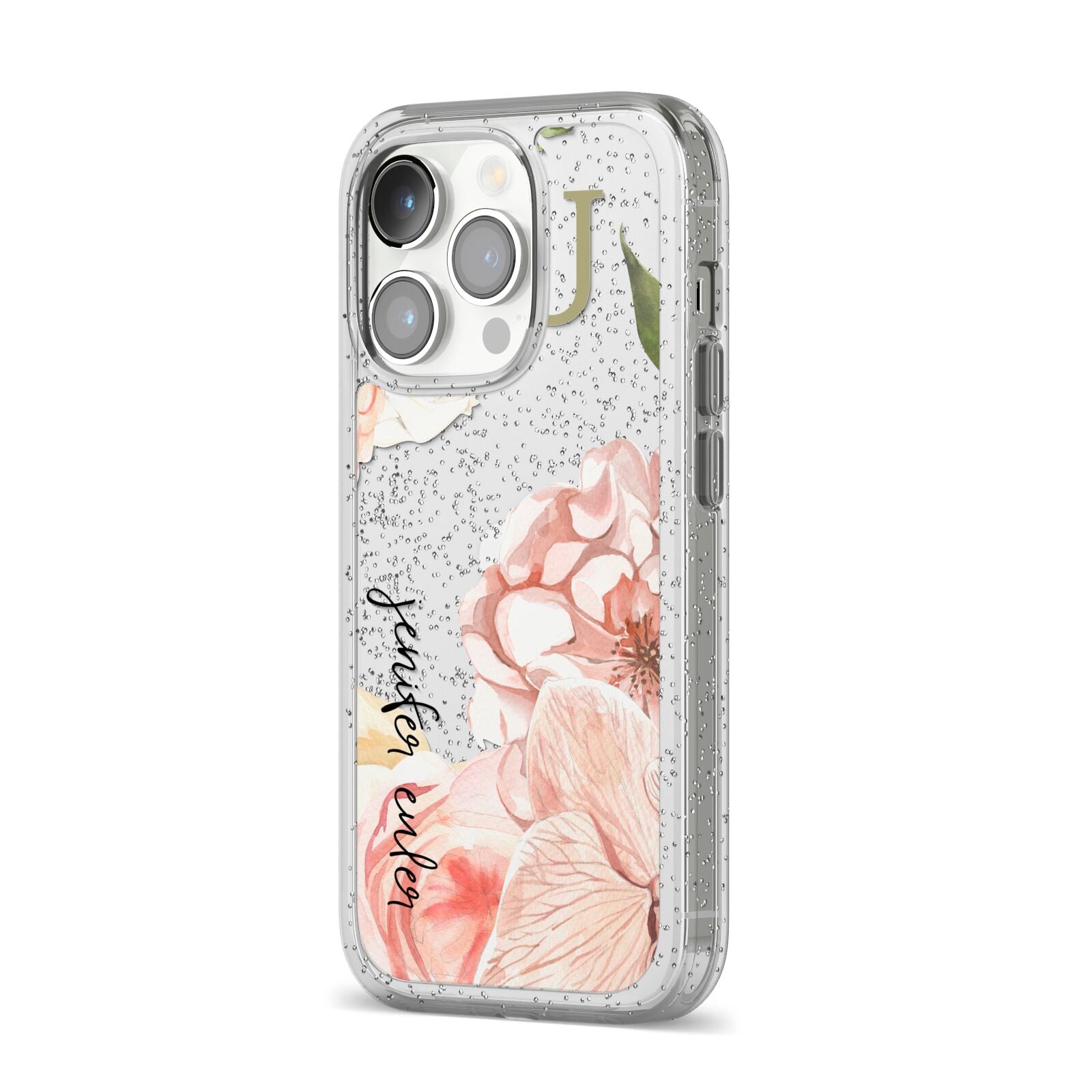 Spring Flowers Personalised Name iPhone 14 Pro Glitter Tough Case Silver Angled Image