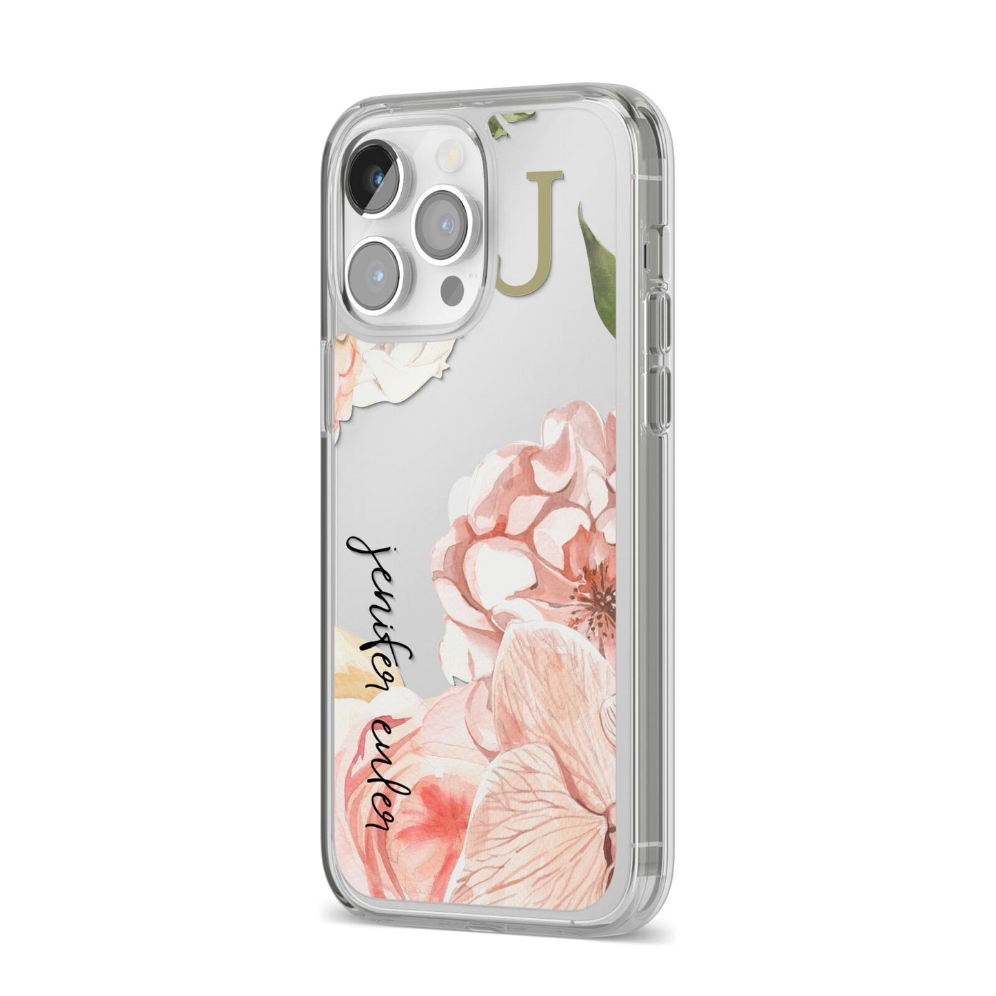 Spring Flowers Personalised Name iPhone 14 Pro Max Clear Tough Case Silver Angled Image