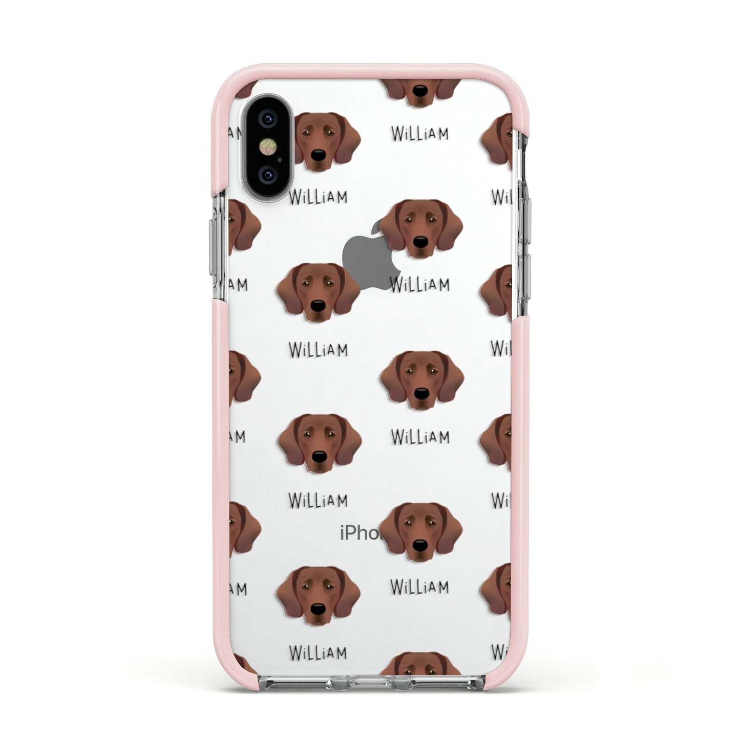 Springador Icon with Name Apple iPhone Xs Impact Case Pink Edge on Silver Phone