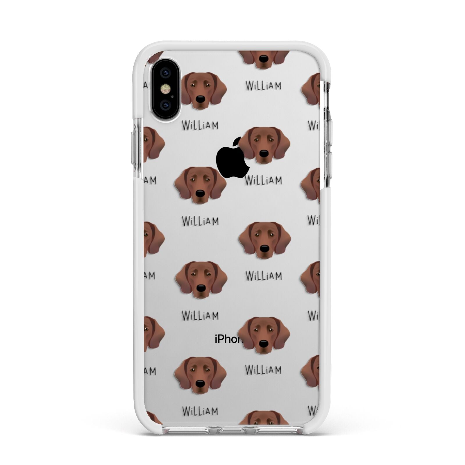 Springador Icon with Name Apple iPhone Xs Max Impact Case White Edge on Silver Phone