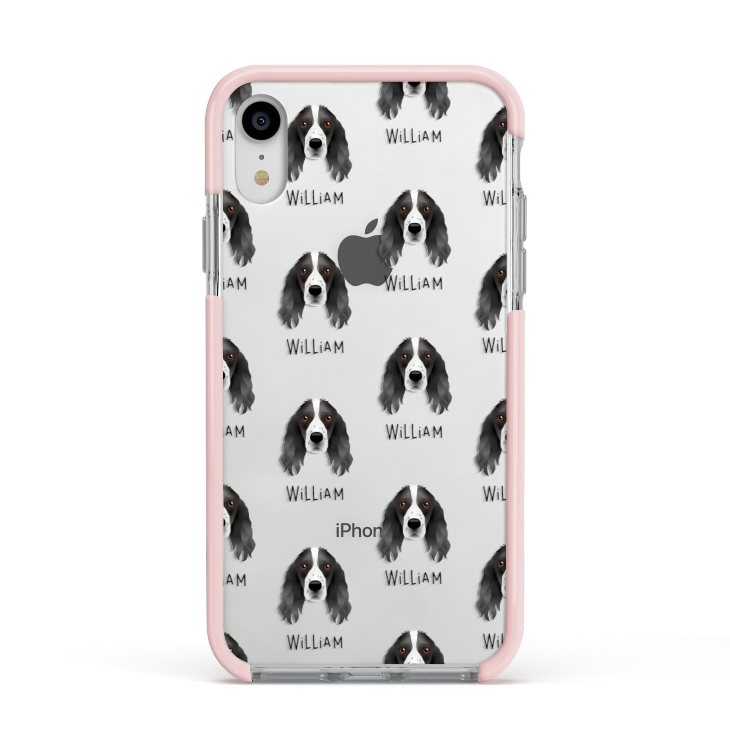 Springer Spaniel Icon with Name Apple iPhone XR Impact Case Pink Edge on Silver Phone