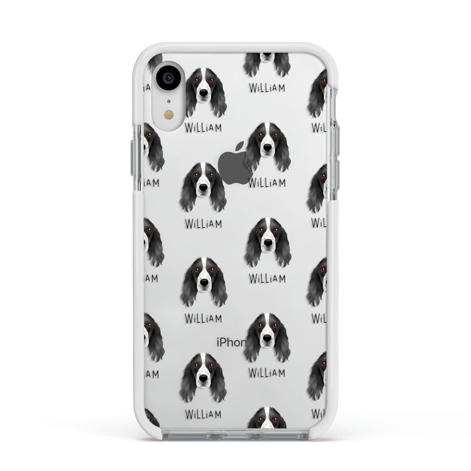 Springer Spaniel Icon with Name Apple iPhone XR Impact Case White Edge on Silver Phone