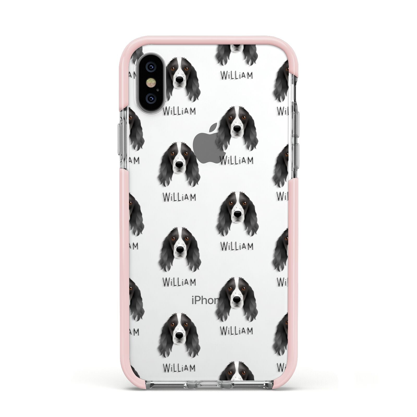 Springer Spaniel Icon with Name Apple iPhone Xs Impact Case Pink Edge on Silver Phone