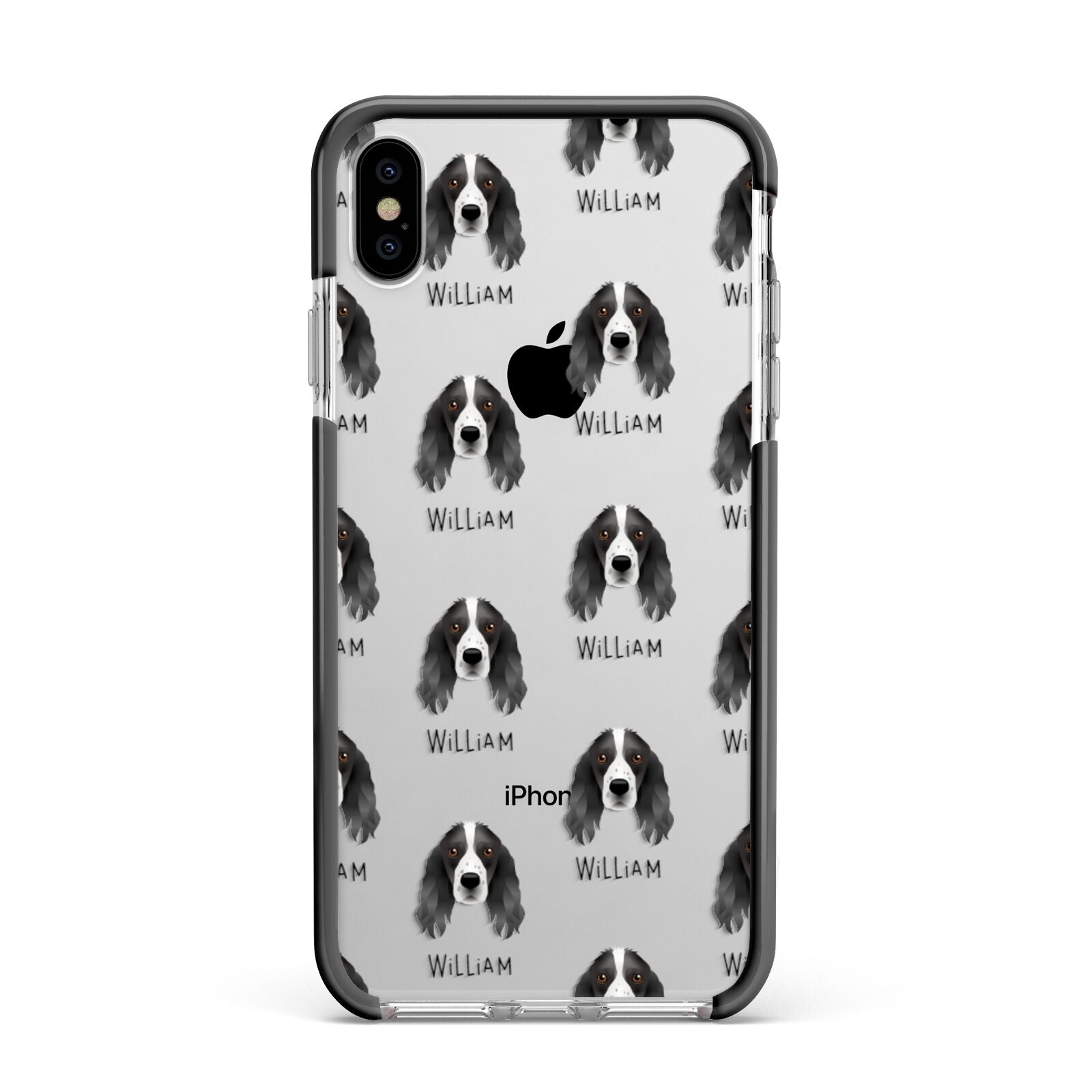 Springer Spaniel Icon with Name Apple iPhone Xs Max Impact Case Black Edge on Silver Phone