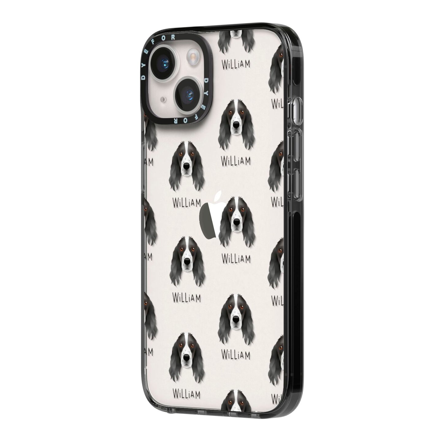 Springer Spaniel Icon with Name iPhone 14 Black Impact Case Side Angle on Silver phone