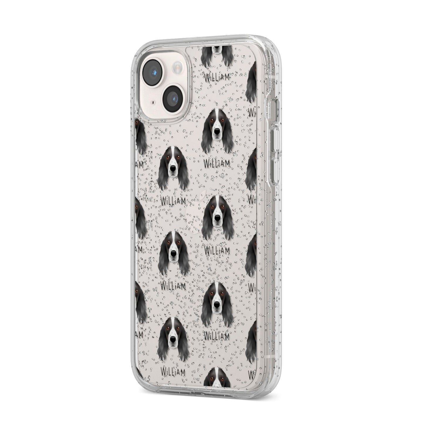 Springer Spaniel Icon with Name iPhone 14 Plus Glitter Tough Case Starlight Angled Image