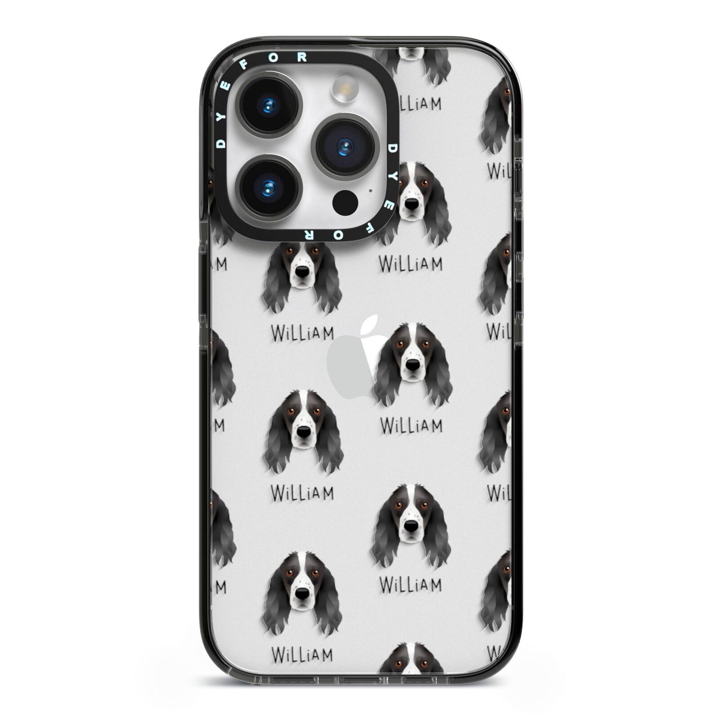 Springer Spaniel Icon with Name iPhone 14 Pro Black Impact Case on Silver phone
