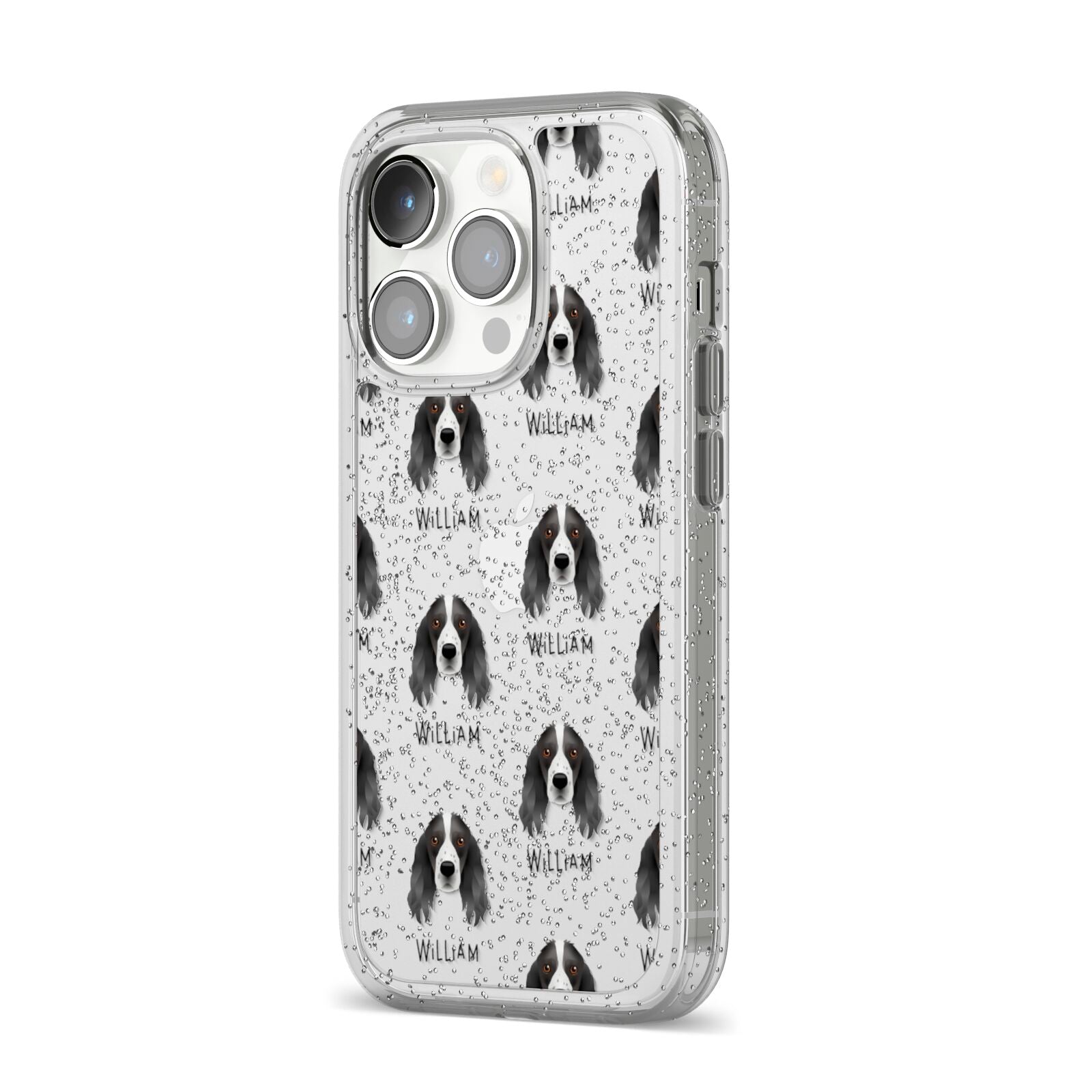 Springer Spaniel Icon with Name iPhone 14 Pro Glitter Tough Case Silver Angled Image