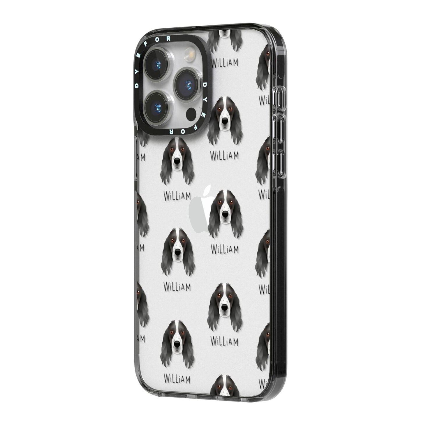 Springer Spaniel Icon with Name iPhone 14 Pro Max Black Impact Case Side Angle on Silver phone