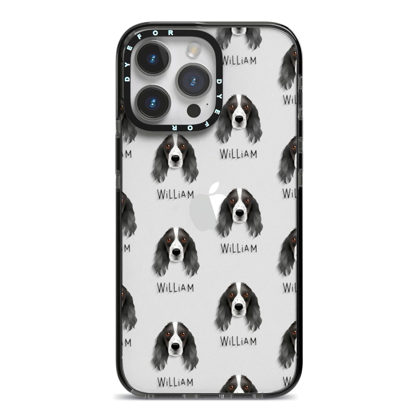 Springer Spaniel Icon with Name iPhone 14 Pro Max Black Impact Case on Silver phone