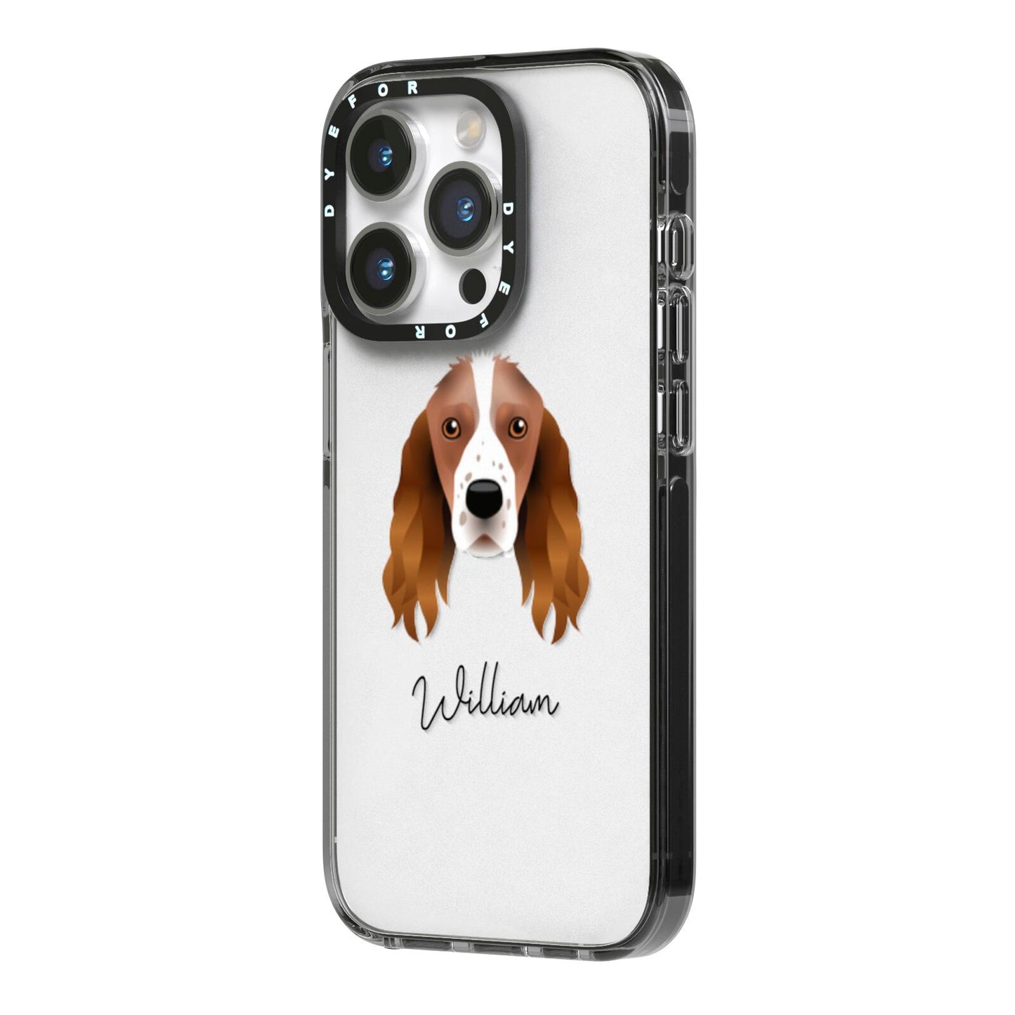 Springer Spaniel Personalised iPhone 14 Pro Black Impact Case Side Angle on Silver phone