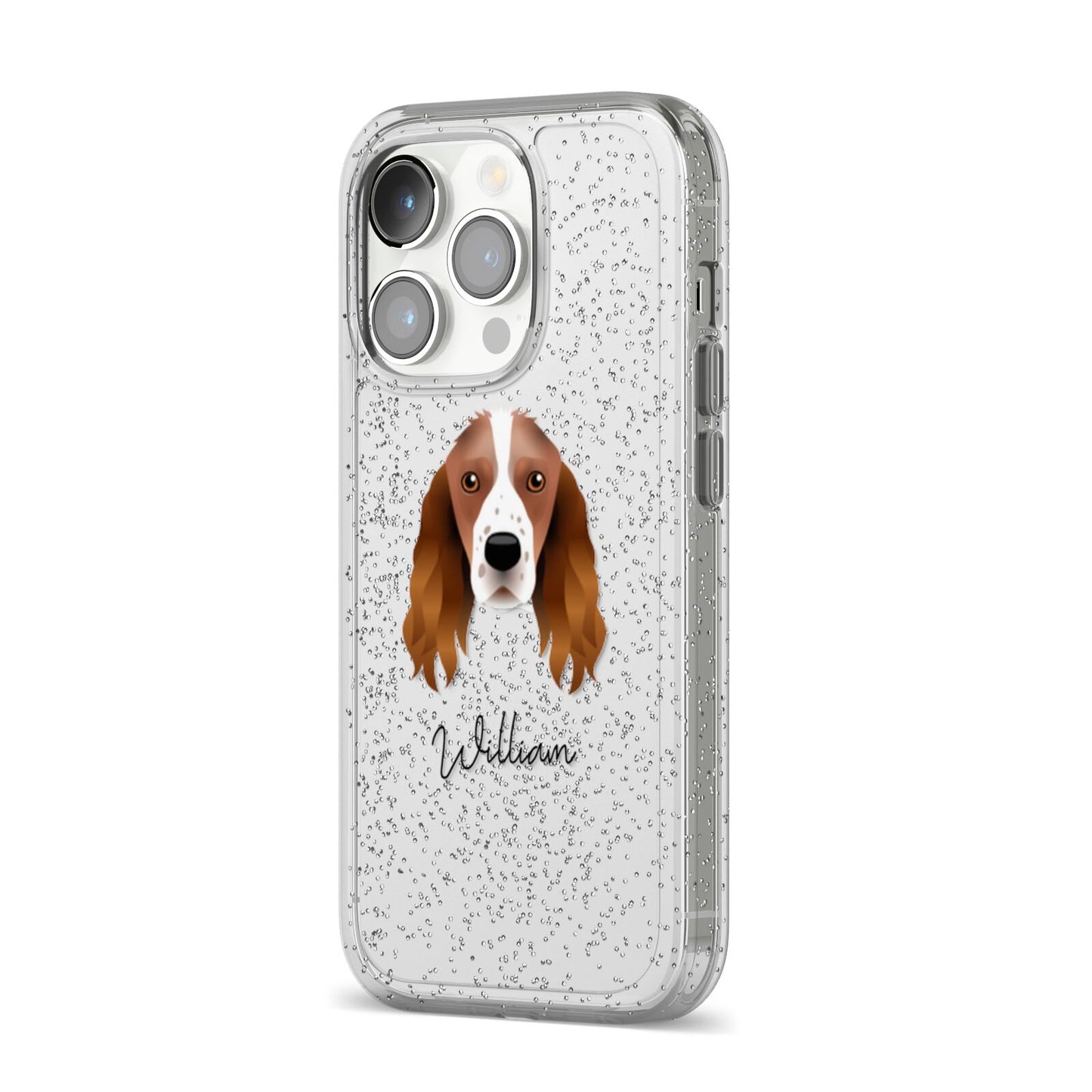 Springer Spaniel Personalised iPhone 14 Pro Glitter Tough Case Silver Angled Image