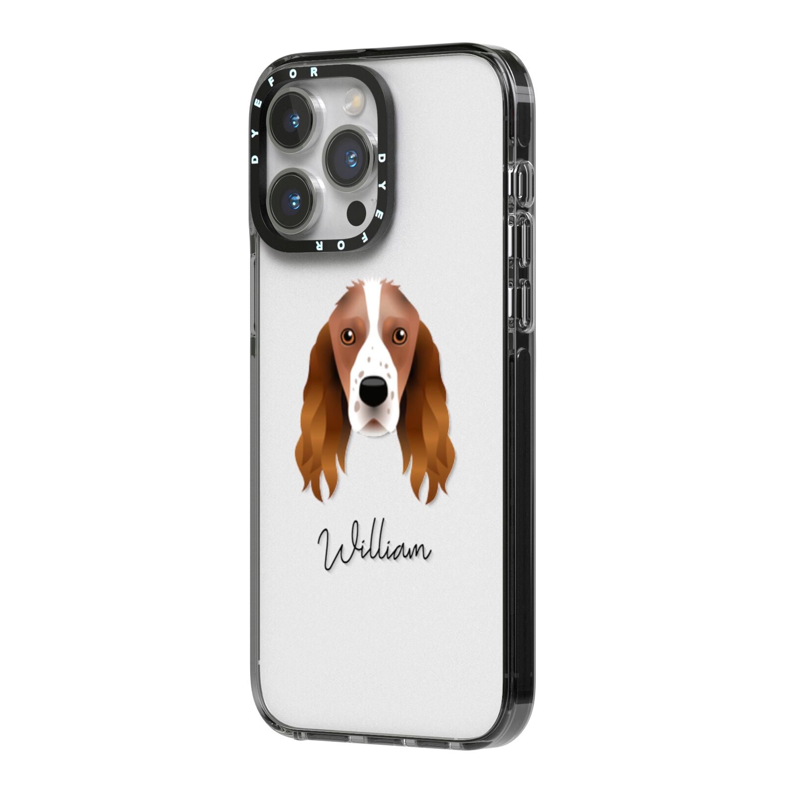 Springer Spaniel Personalised iPhone 14 Pro Max Black Impact Case Side Angle on Silver phone