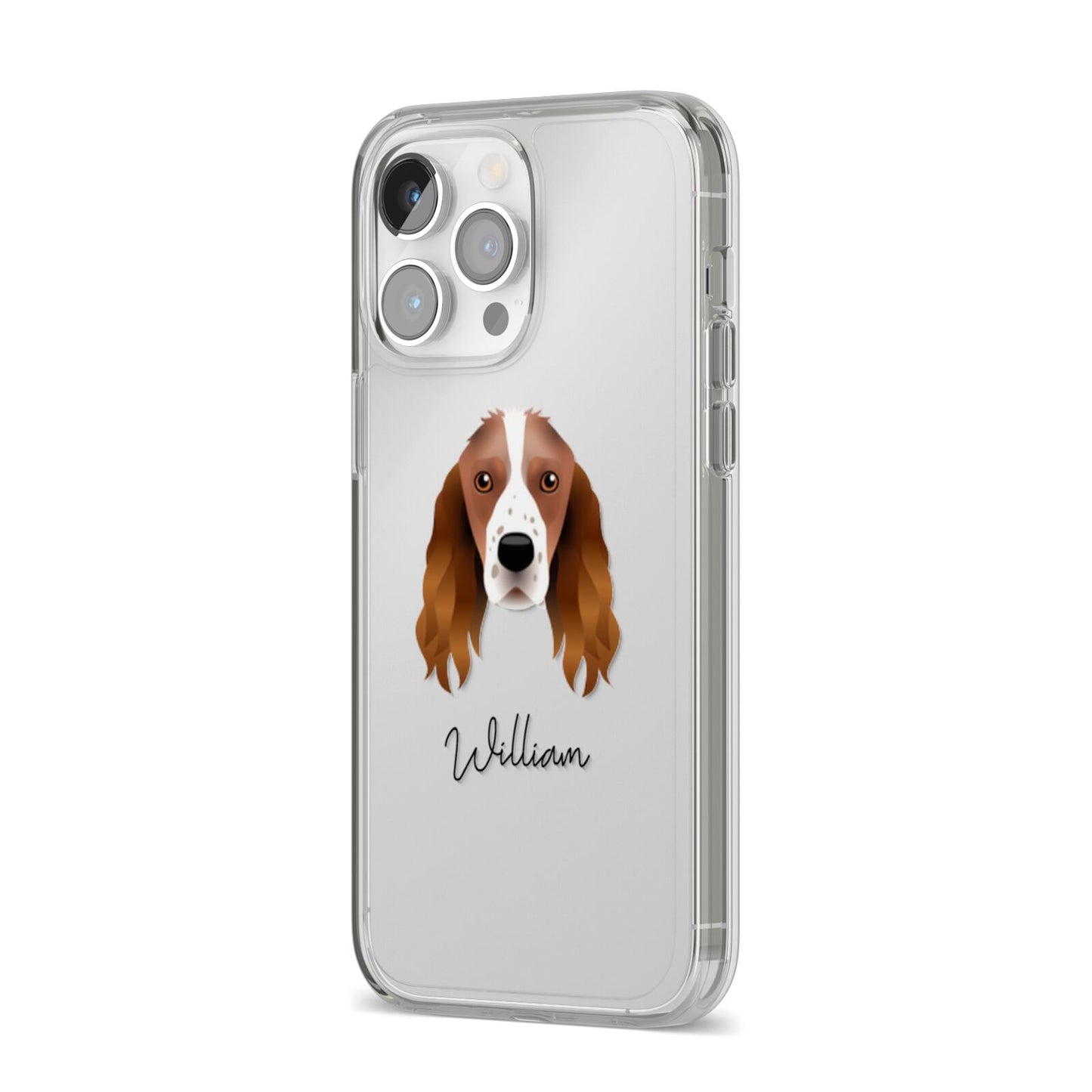 Springer Spaniel Personalised iPhone 14 Pro Max Clear Tough Case Silver Angled Image
