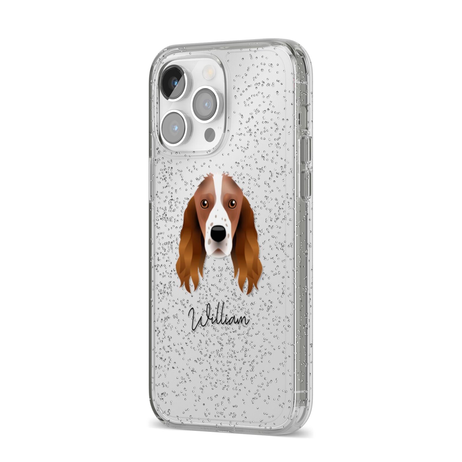 Springer Spaniel Personalised iPhone 14 Pro Max Glitter Tough Case Silver Angled Image