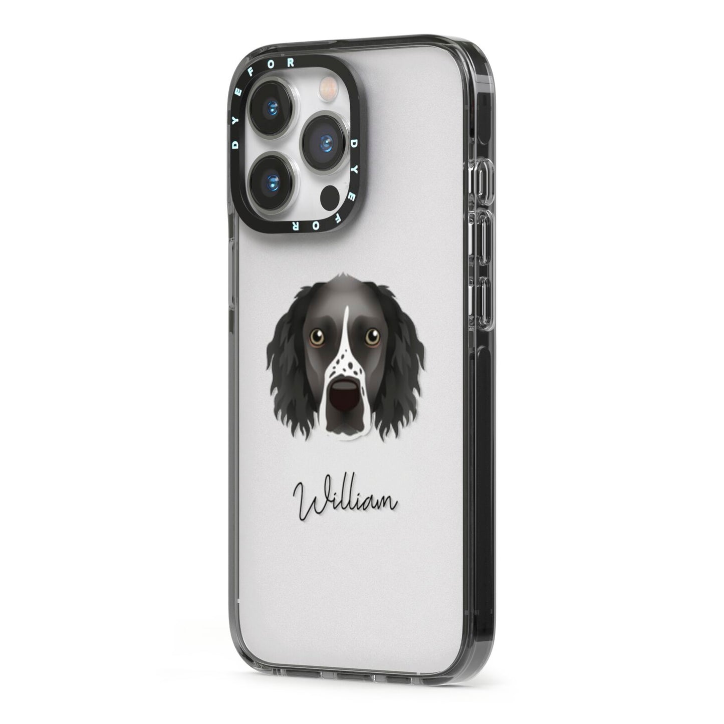 Sprocker Personalised iPhone 13 Pro Black Impact Case Side Angle on Silver phone