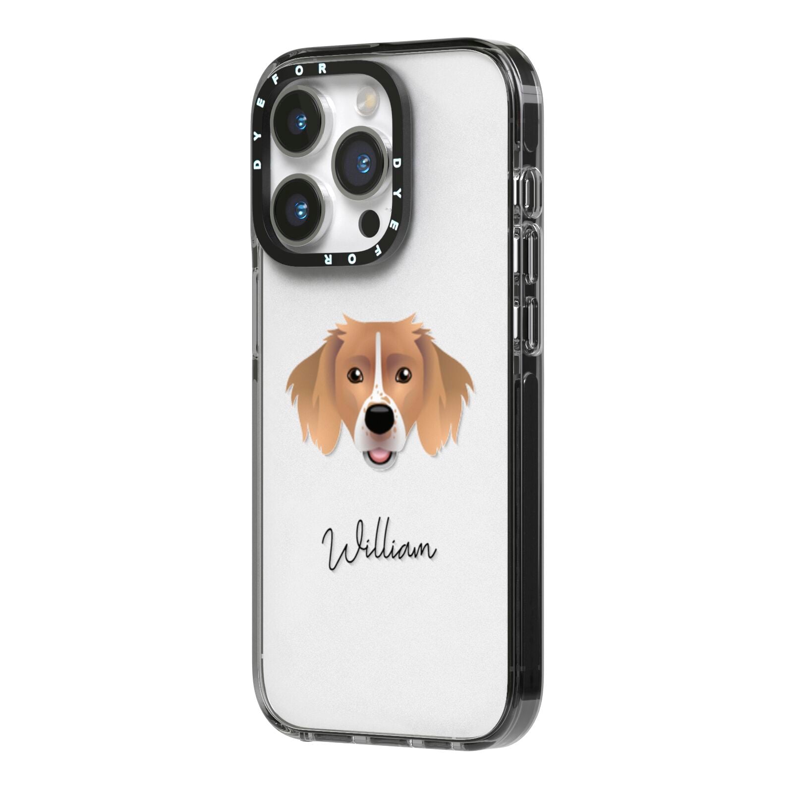 Sprollie Personalised iPhone 14 Pro Black Impact Case Side Angle on Silver phone