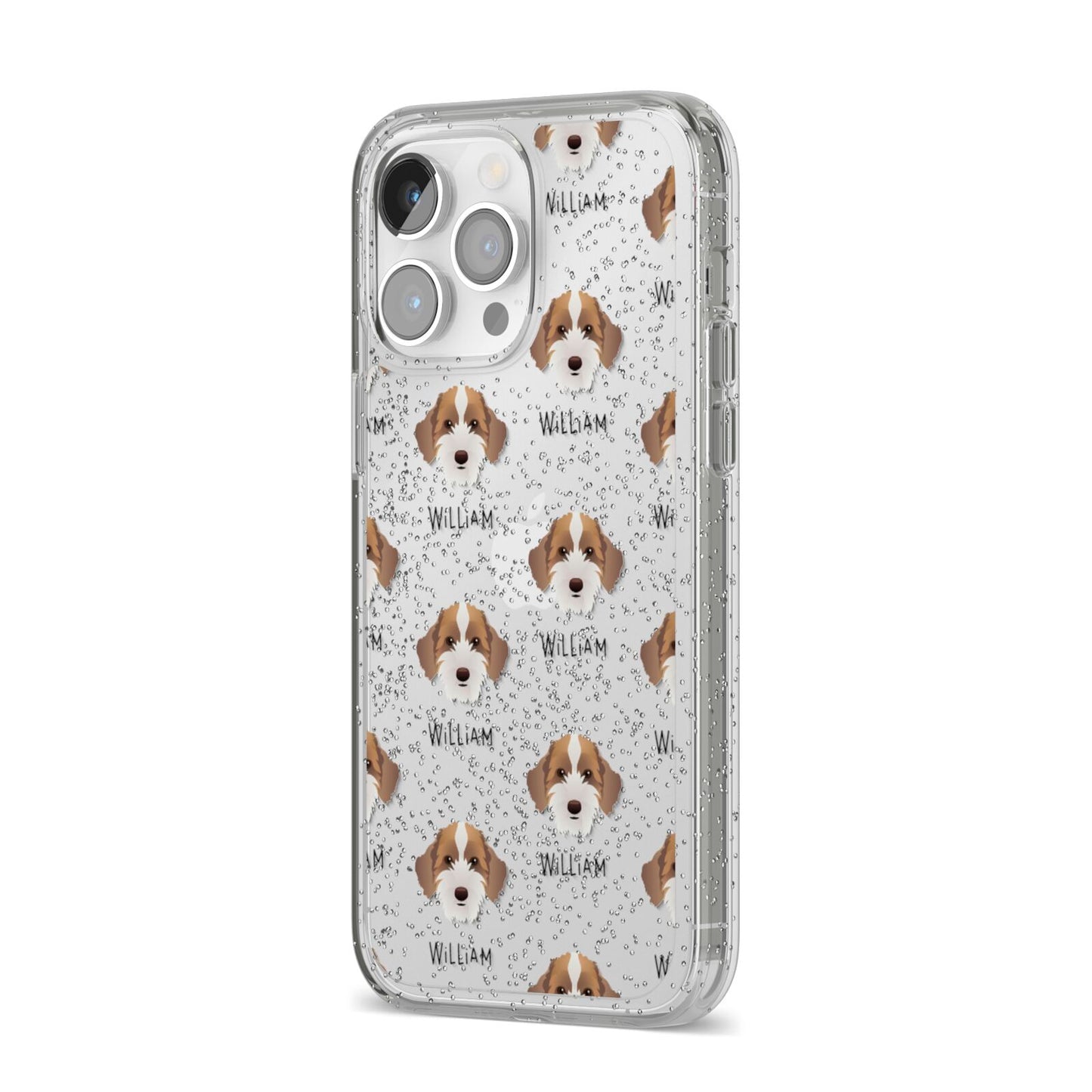 Sproodle Icon with Name iPhone 14 Pro Max Glitter Tough Case Silver Angled Image