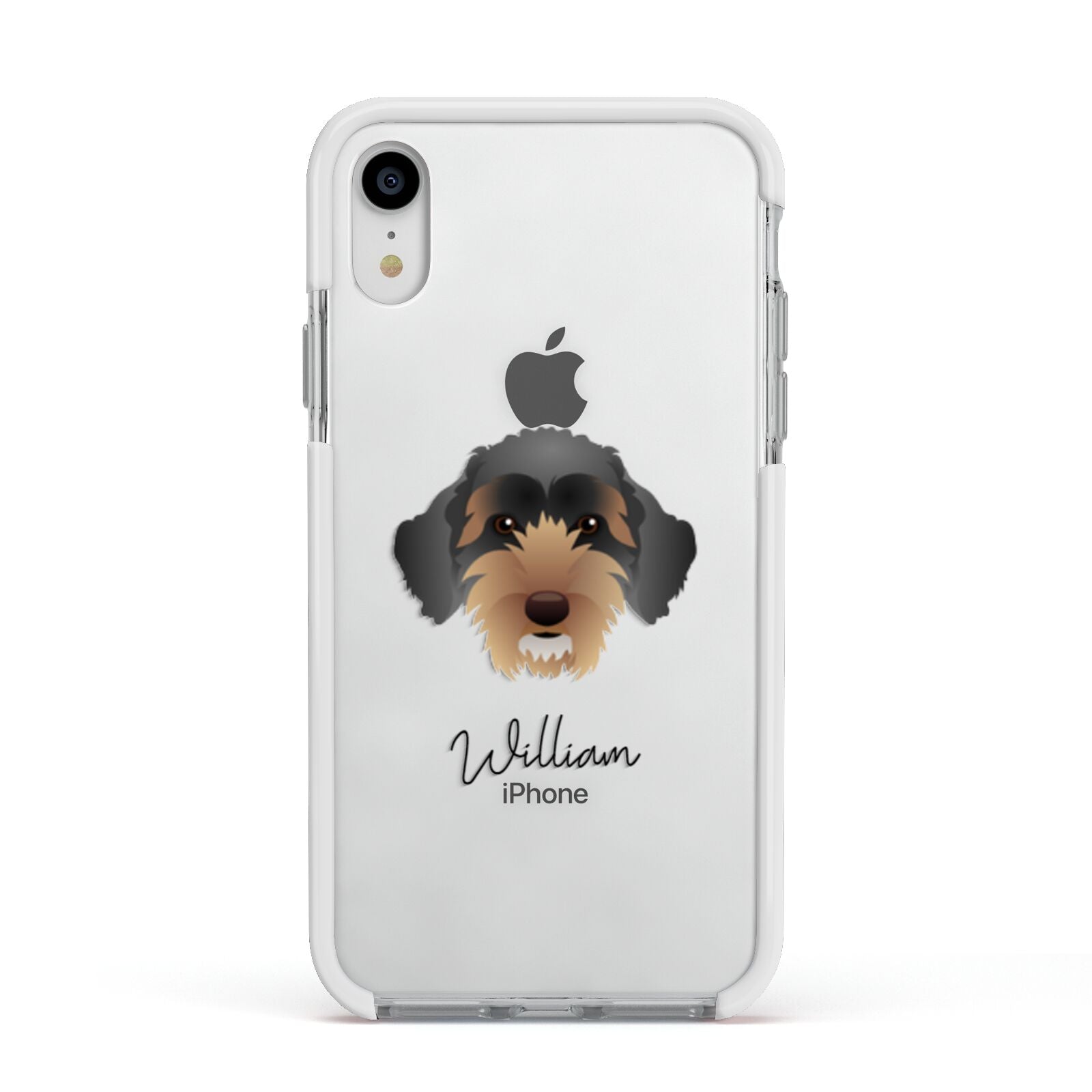 Sproodle Personalised Apple iPhone XR Impact Case White Edge on Silver Phone