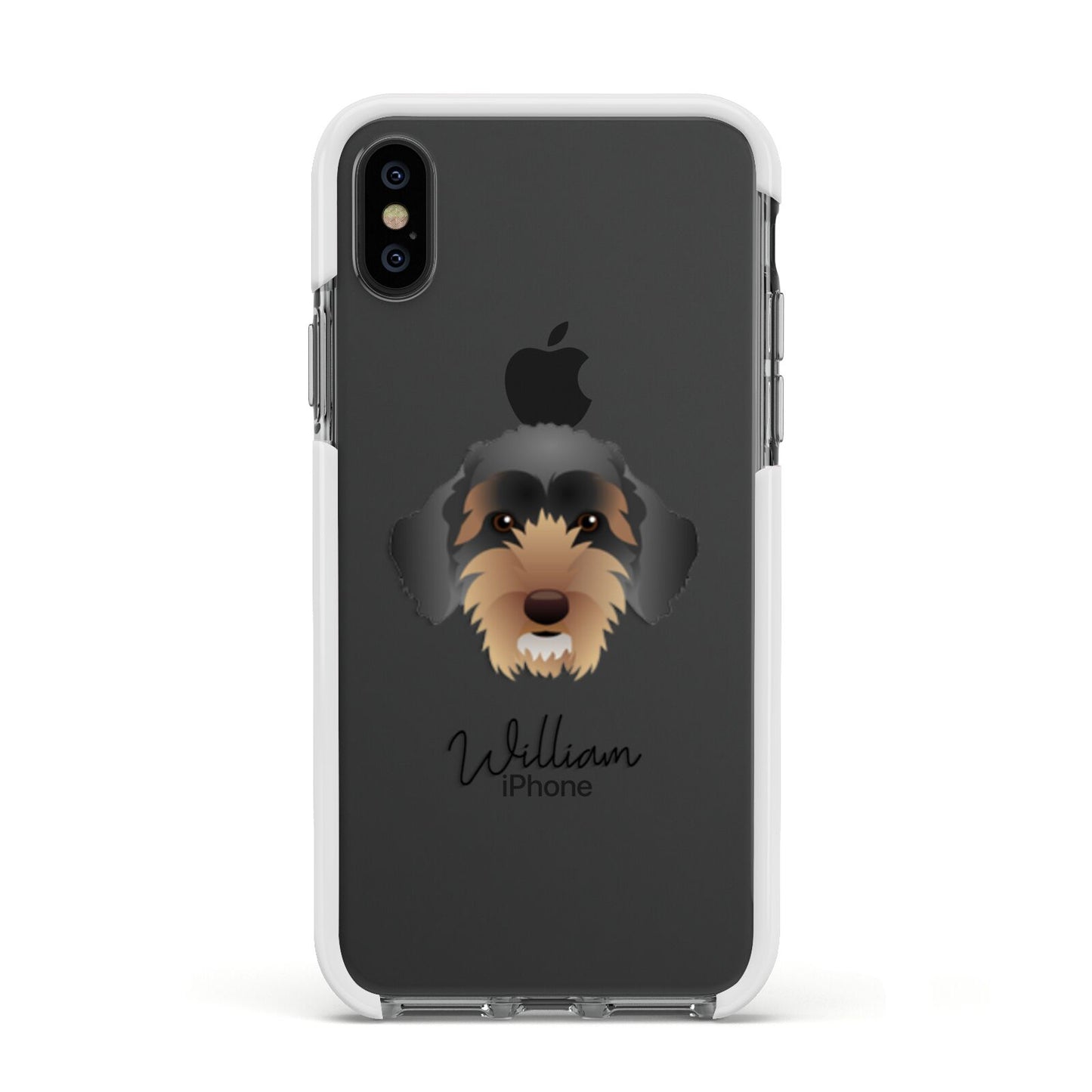 Sproodle Personalised Apple iPhone Xs Impact Case White Edge on Black Phone