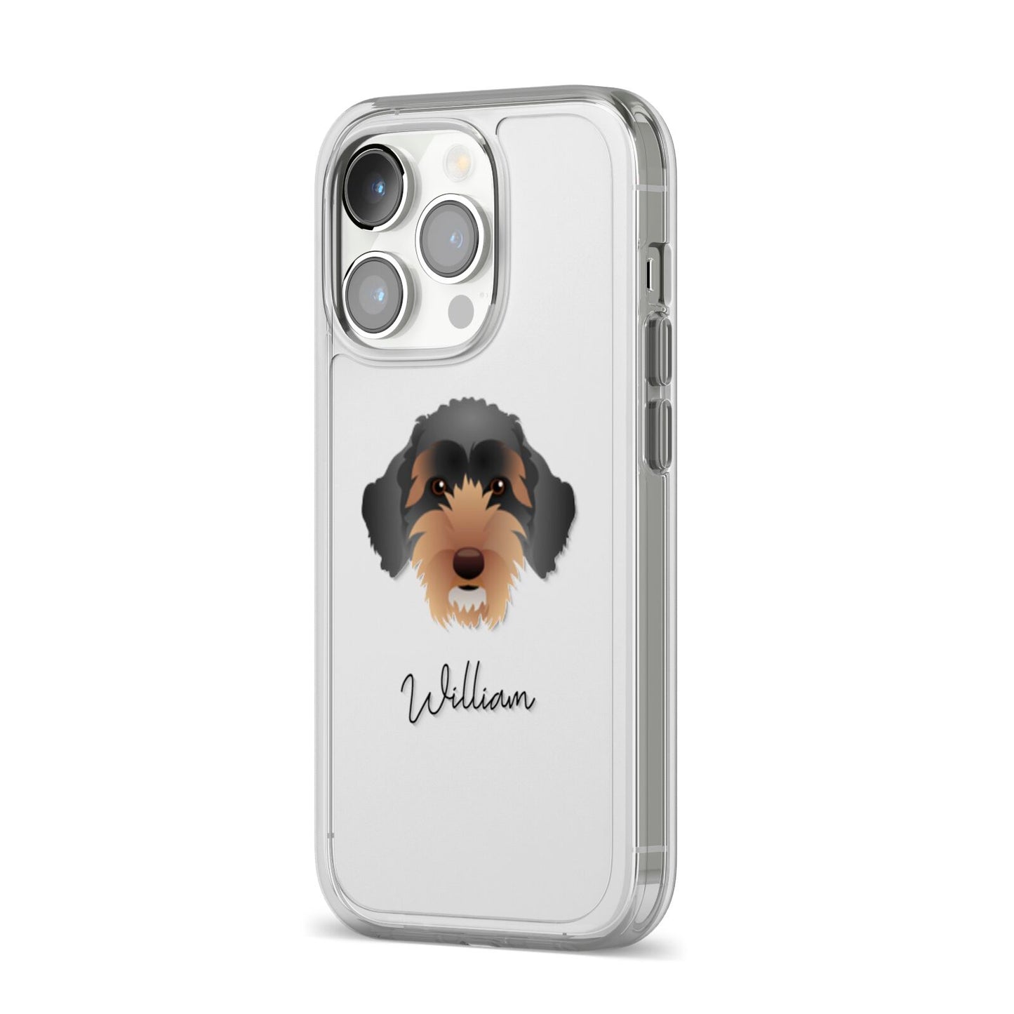 Sproodle Personalised iPhone 14 Pro Clear Tough Case Silver Angled Image