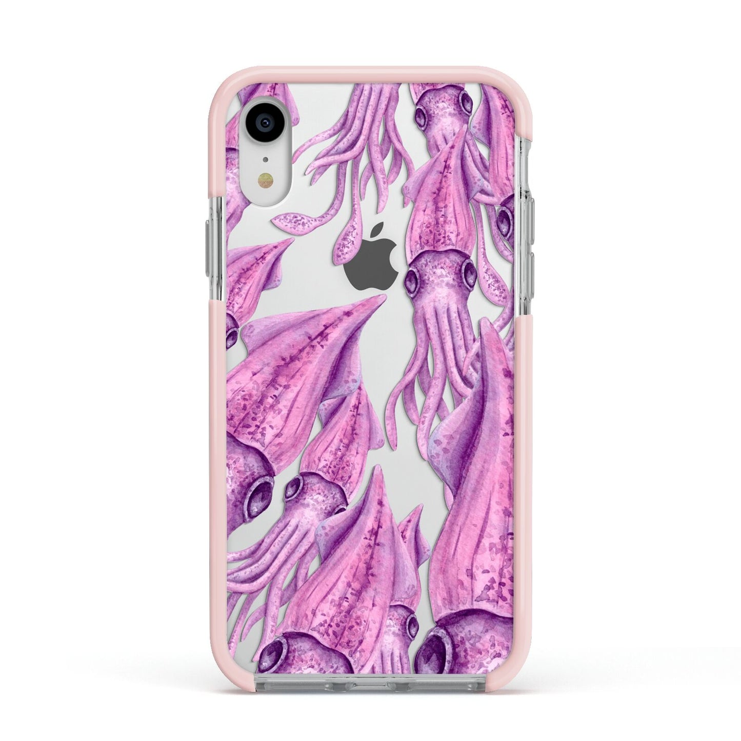 Squid Apple iPhone XR Impact Case Pink Edge on Silver Phone