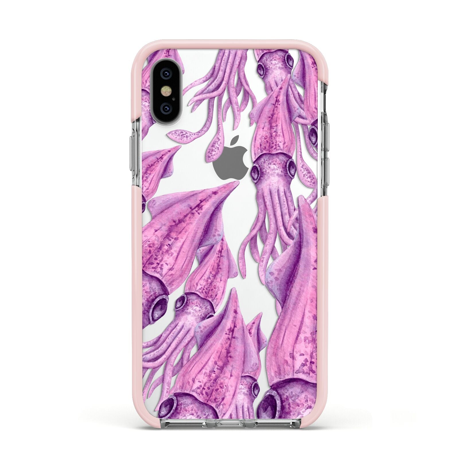 Squid Apple iPhone Xs Impact Case Pink Edge on Silver Phone