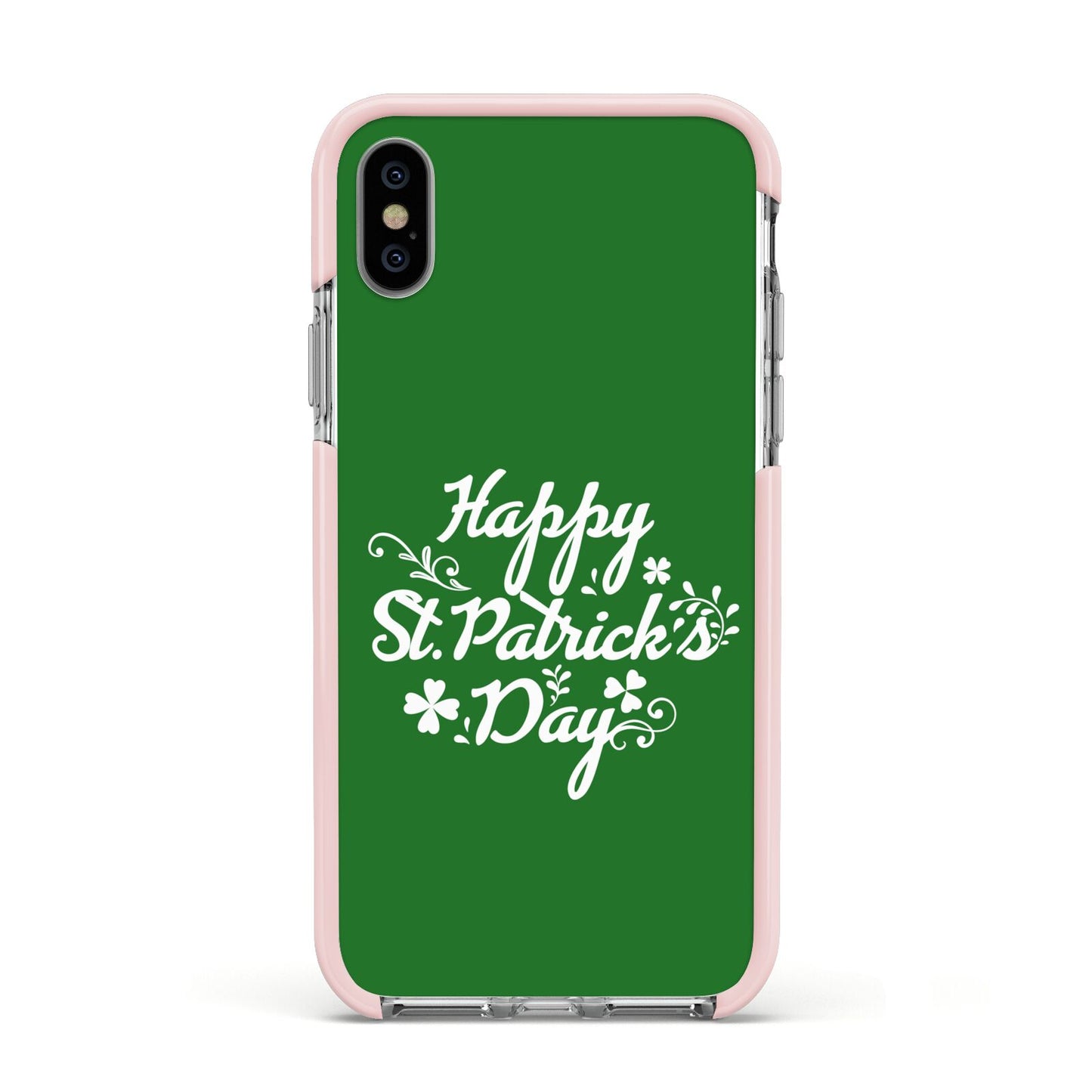 St Patricks Day Apple iPhone Xs Impact Case Pink Edge on Silver Phone