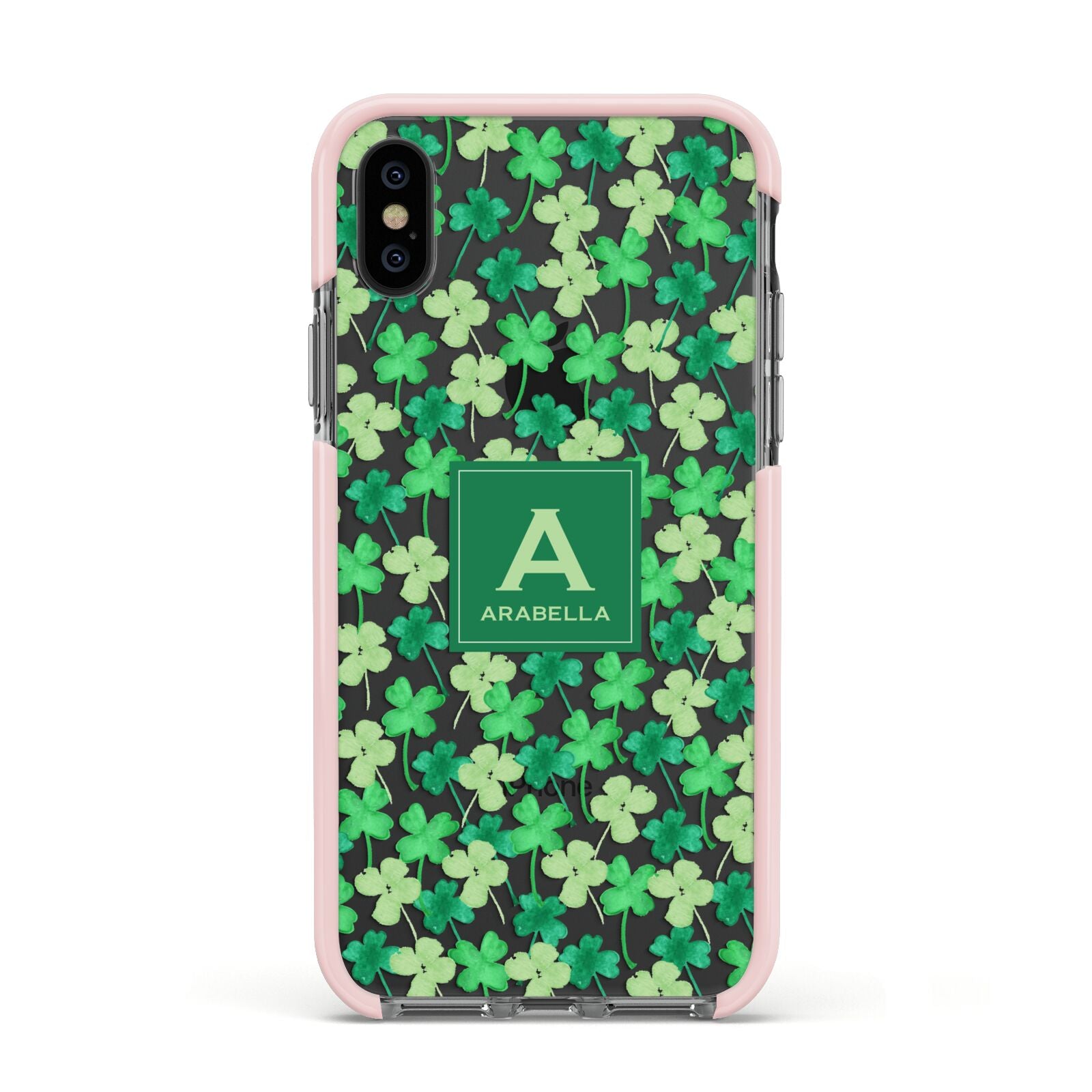 St Patricks Day Monogram Apple iPhone Xs Impact Case Pink Edge on Black Phone