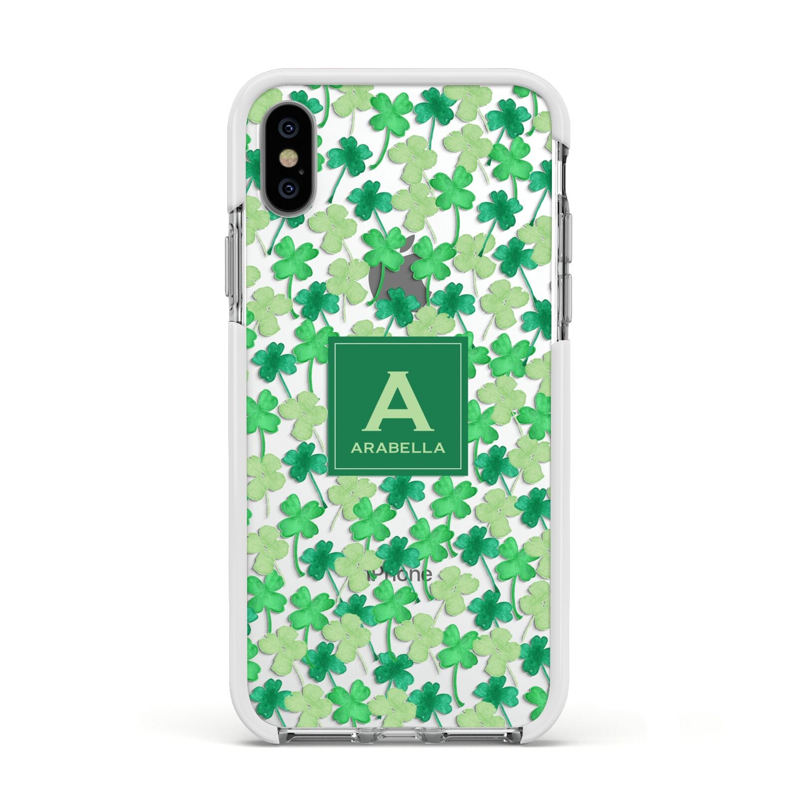 St Patricks Day Monogram Apple iPhone Xs Impact Case White Edge on Silver Phone