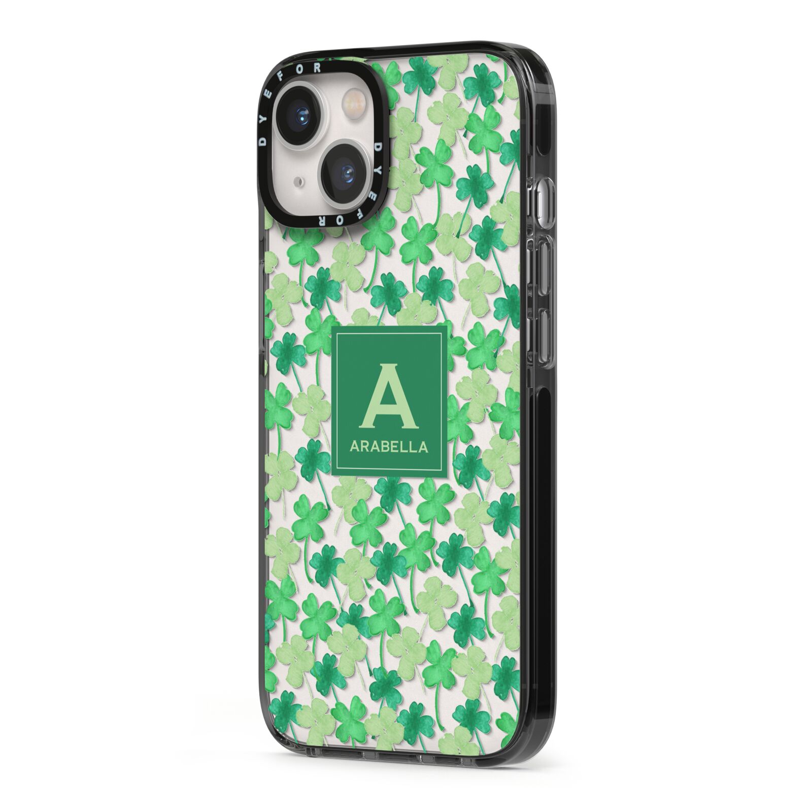 St Patricks Day Monogram iPhone 13 Black Impact Case Side Angle on Silver phone