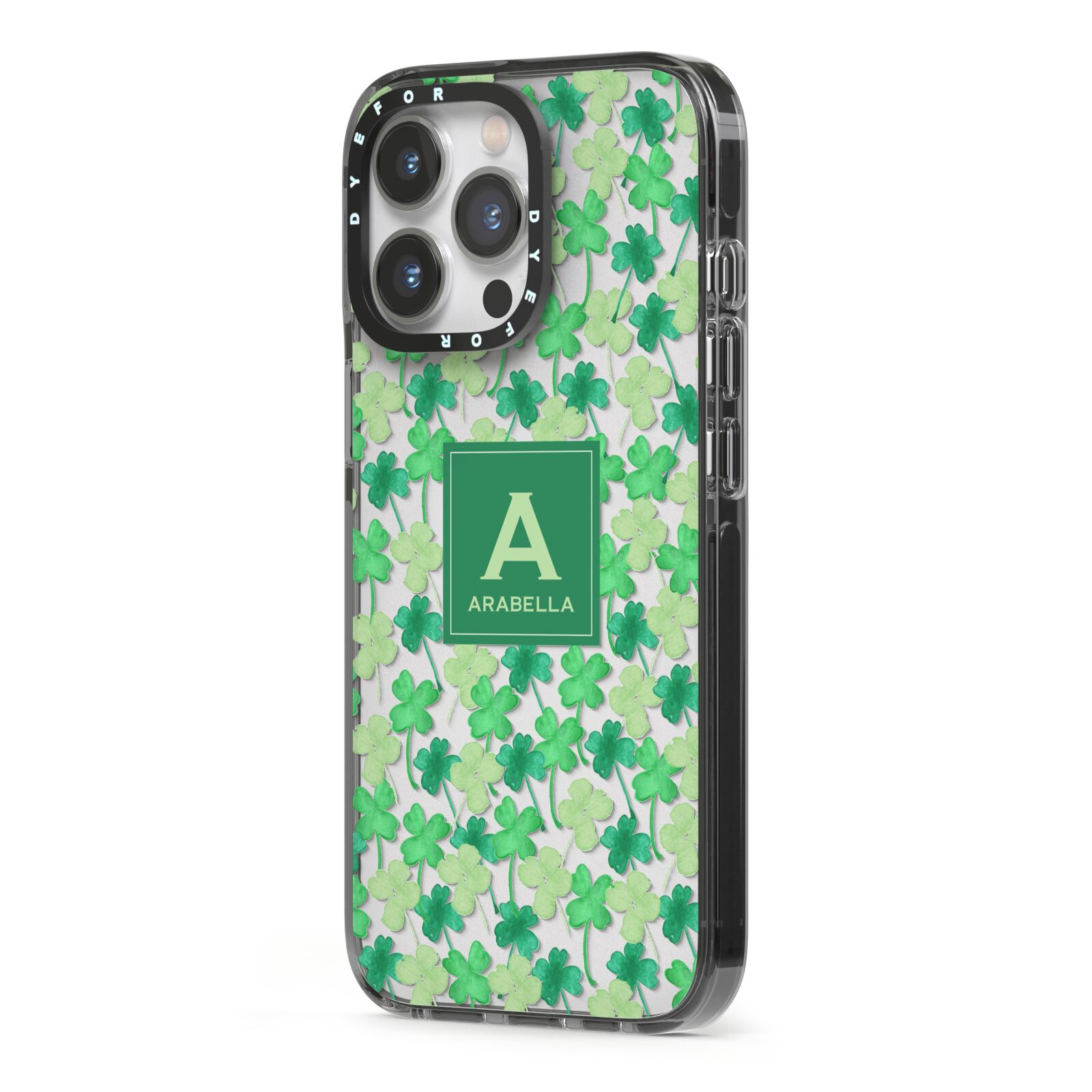 St Patricks Day Monogram iPhone 13 Pro Black Impact Case Side Angle on Silver phone