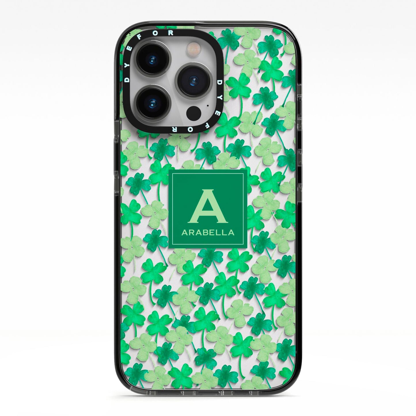St Patricks Day Monogram iPhone 13 Pro Black Impact Case on Silver phone