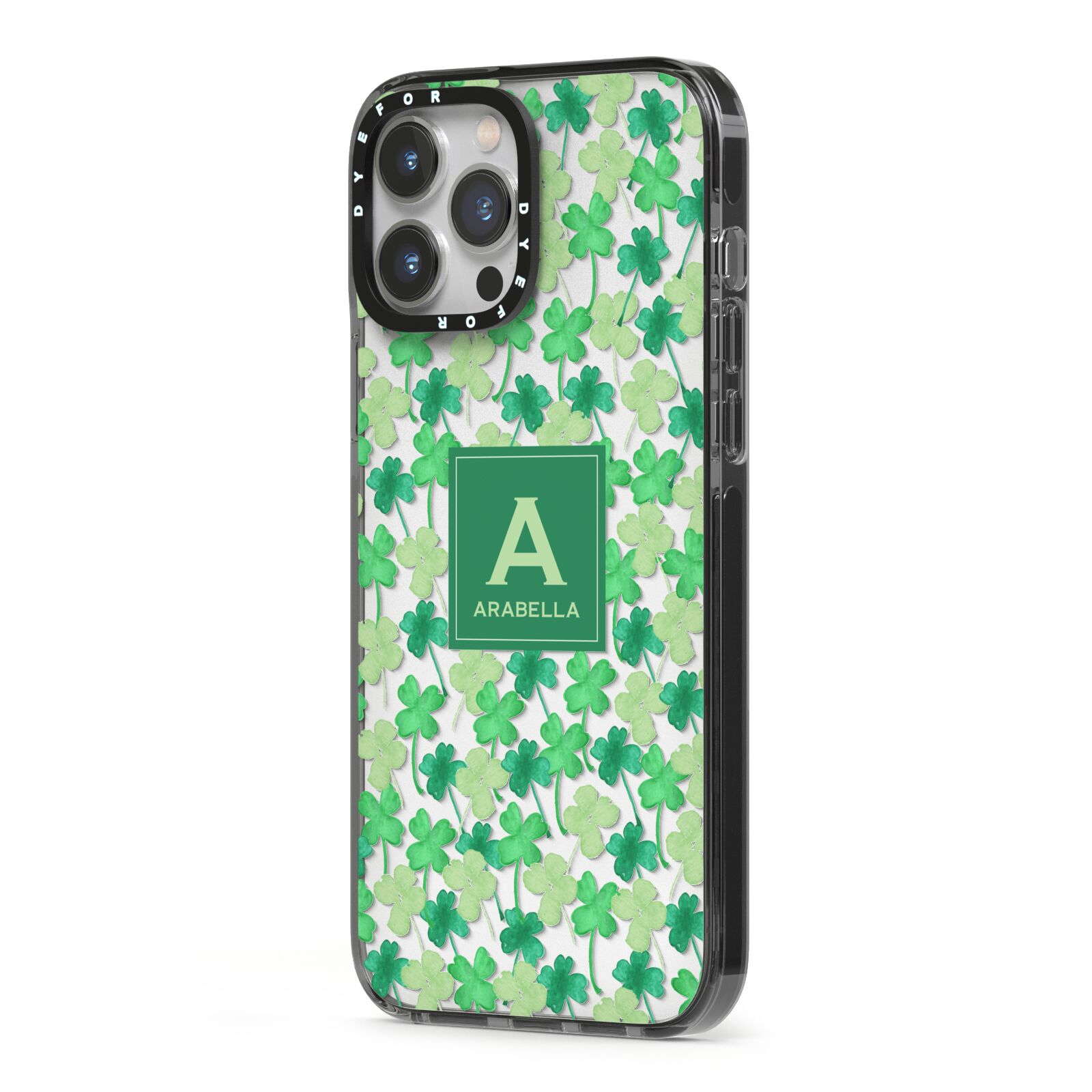 St Patricks Day Monogram iPhone 13 Pro Max Black Impact Case Side Angle on Silver phone