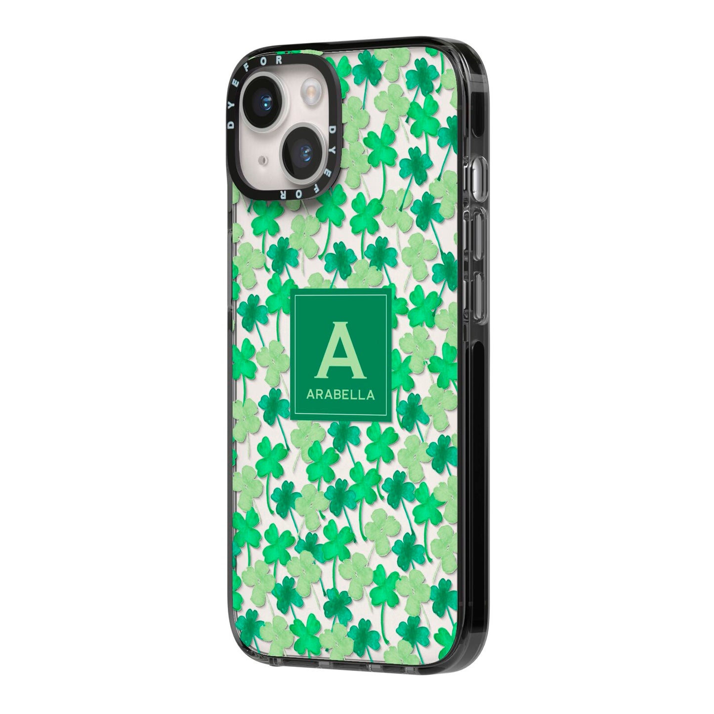 St Patricks Day Monogram iPhone 14 Black Impact Case Side Angle on Silver phone