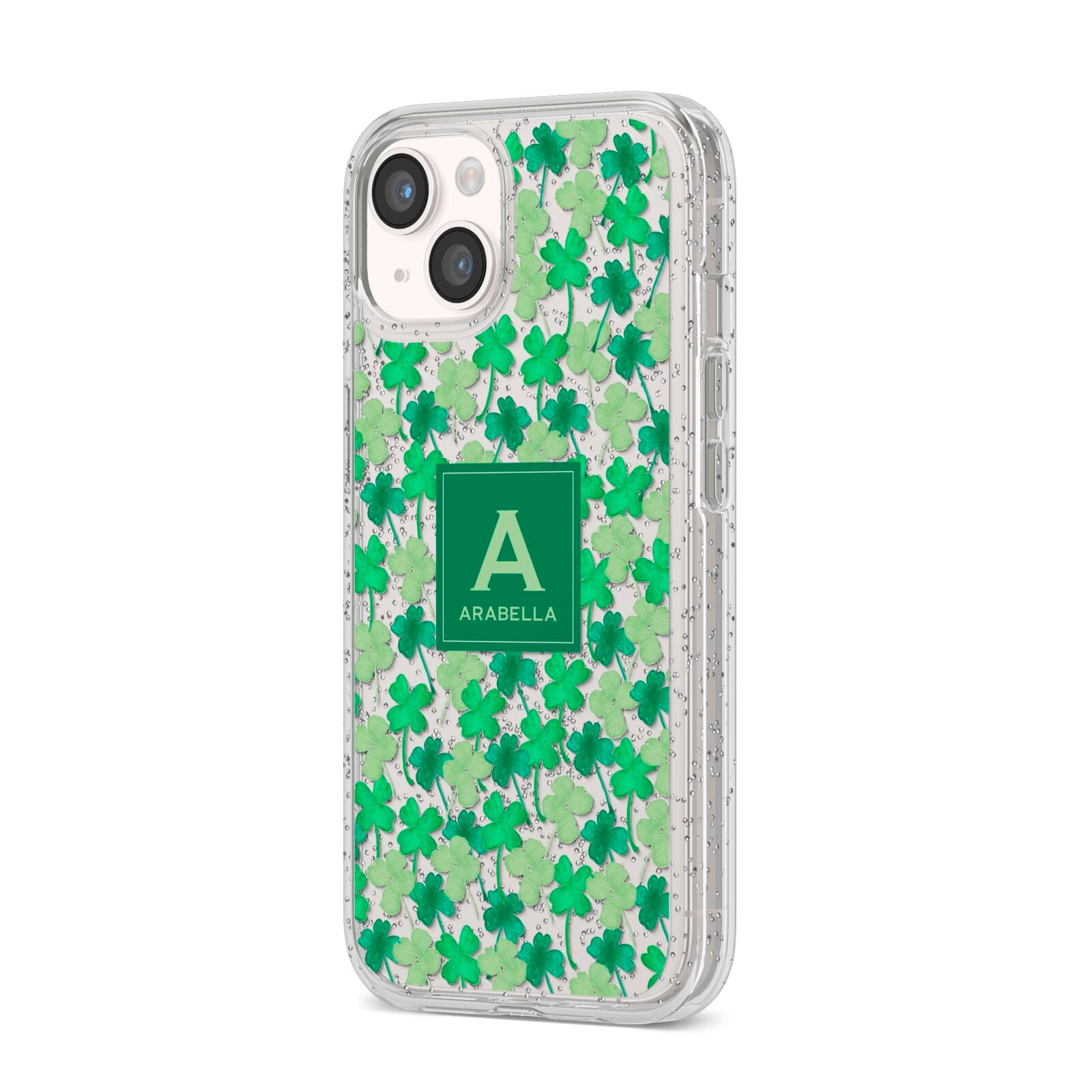 St Patricks Day Monogram iPhone 14 Glitter Tough Case Starlight Angled Image
