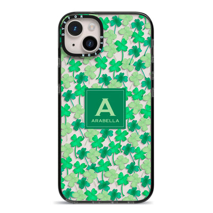 St Patricks Day Monogram iPhone 14 Plus Black Impact Case on Silver phone