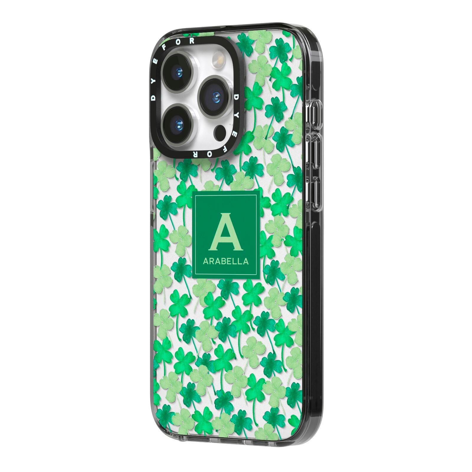 St Patricks Day Monogram iPhone 14 Pro Black Impact Case Side Angle on Silver phone
