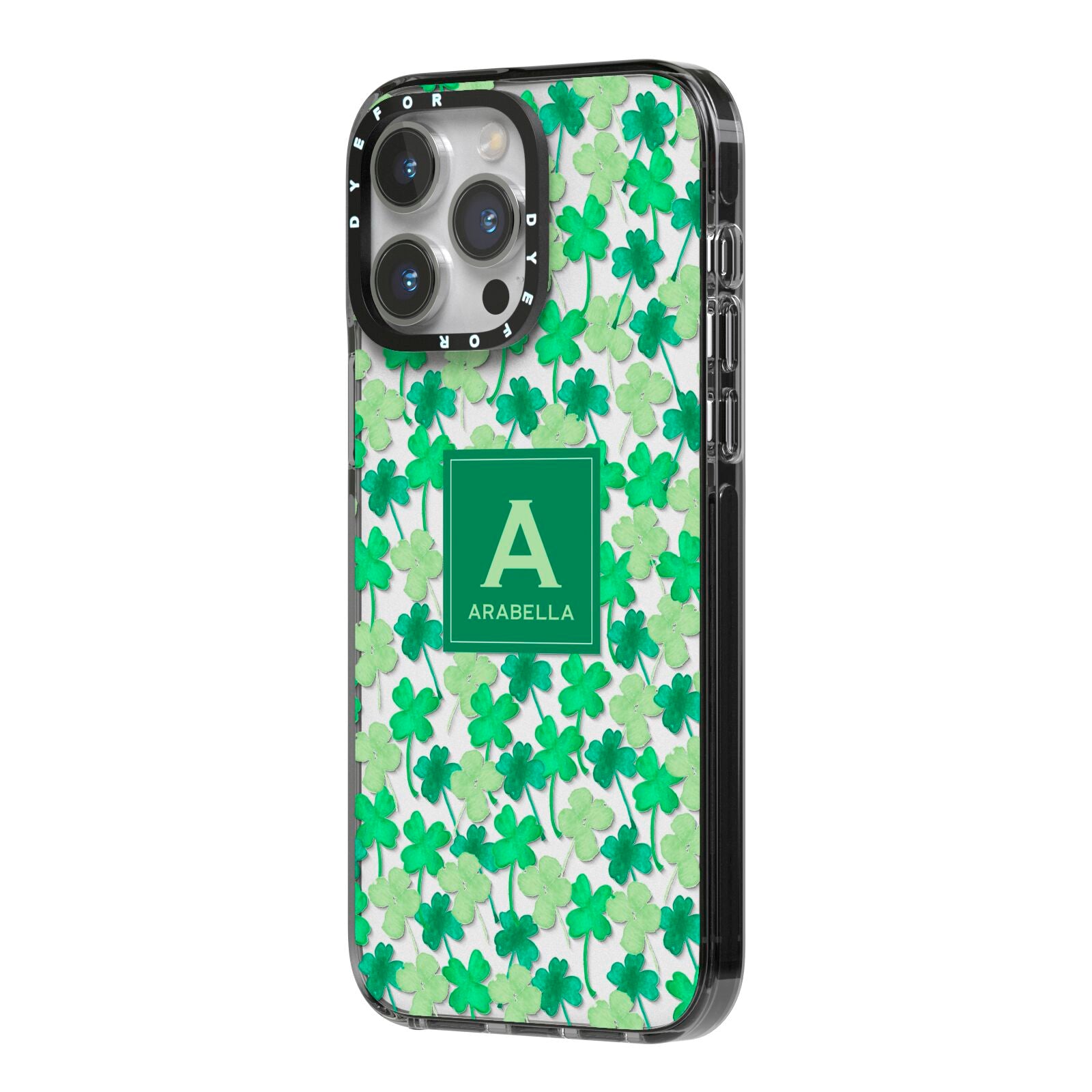 St Patricks Day Monogram iPhone 14 Pro Max Black Impact Case Side Angle on Silver phone
