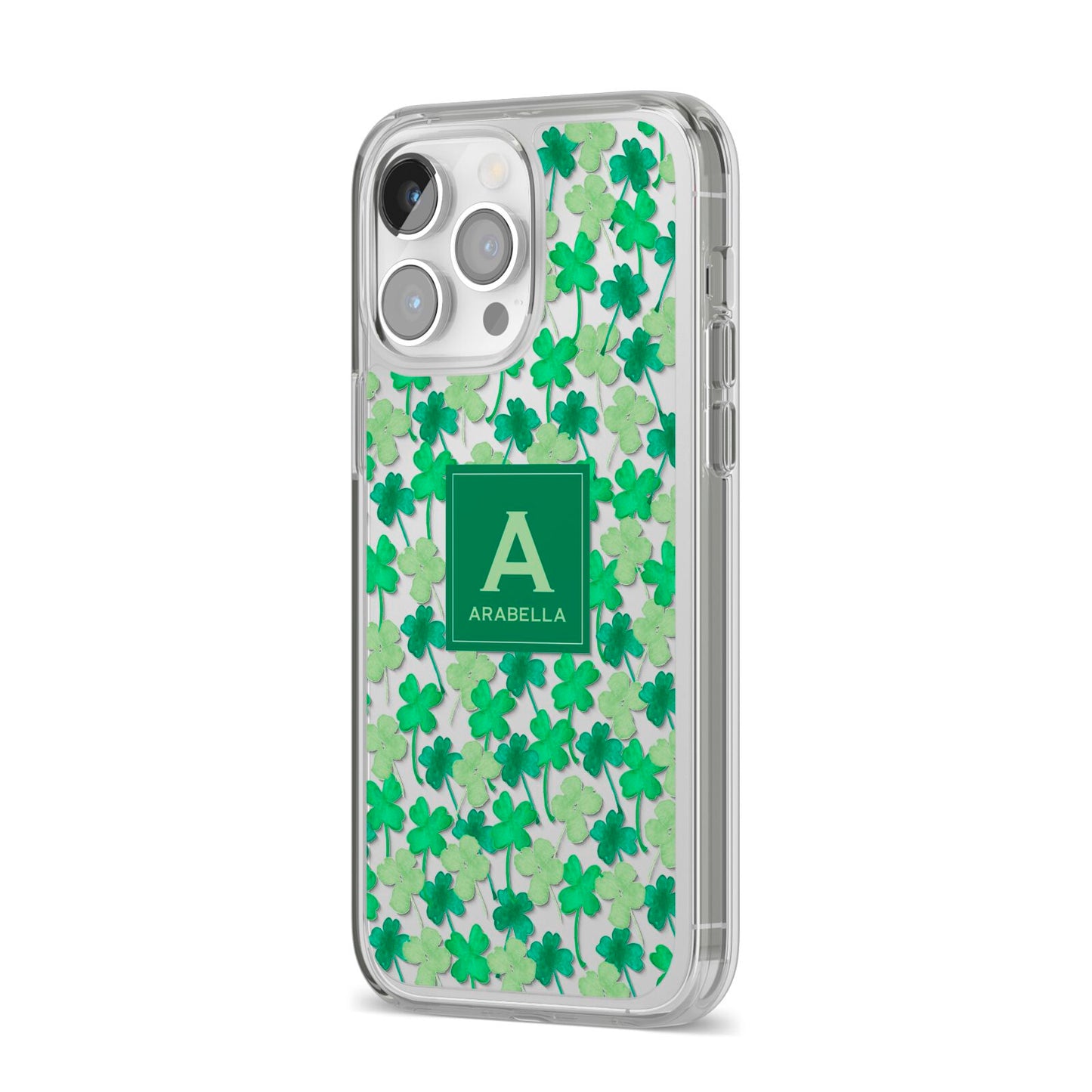 St Patricks Day Monogram iPhone 14 Pro Max Clear Tough Case Silver Angled Image