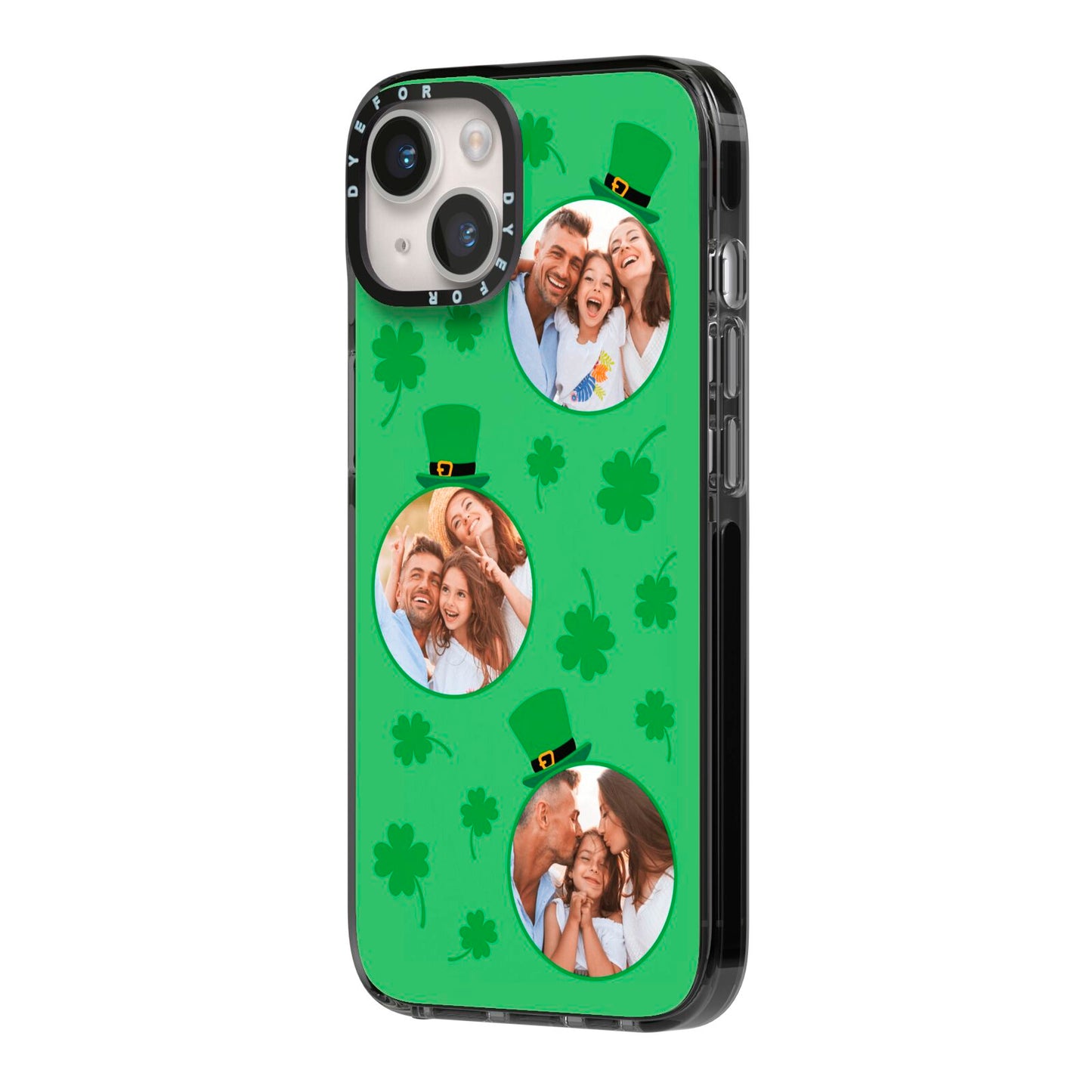 St Patricks Day Personalised Photo iPhone 14 Black Impact Case Side Angle on Silver phone