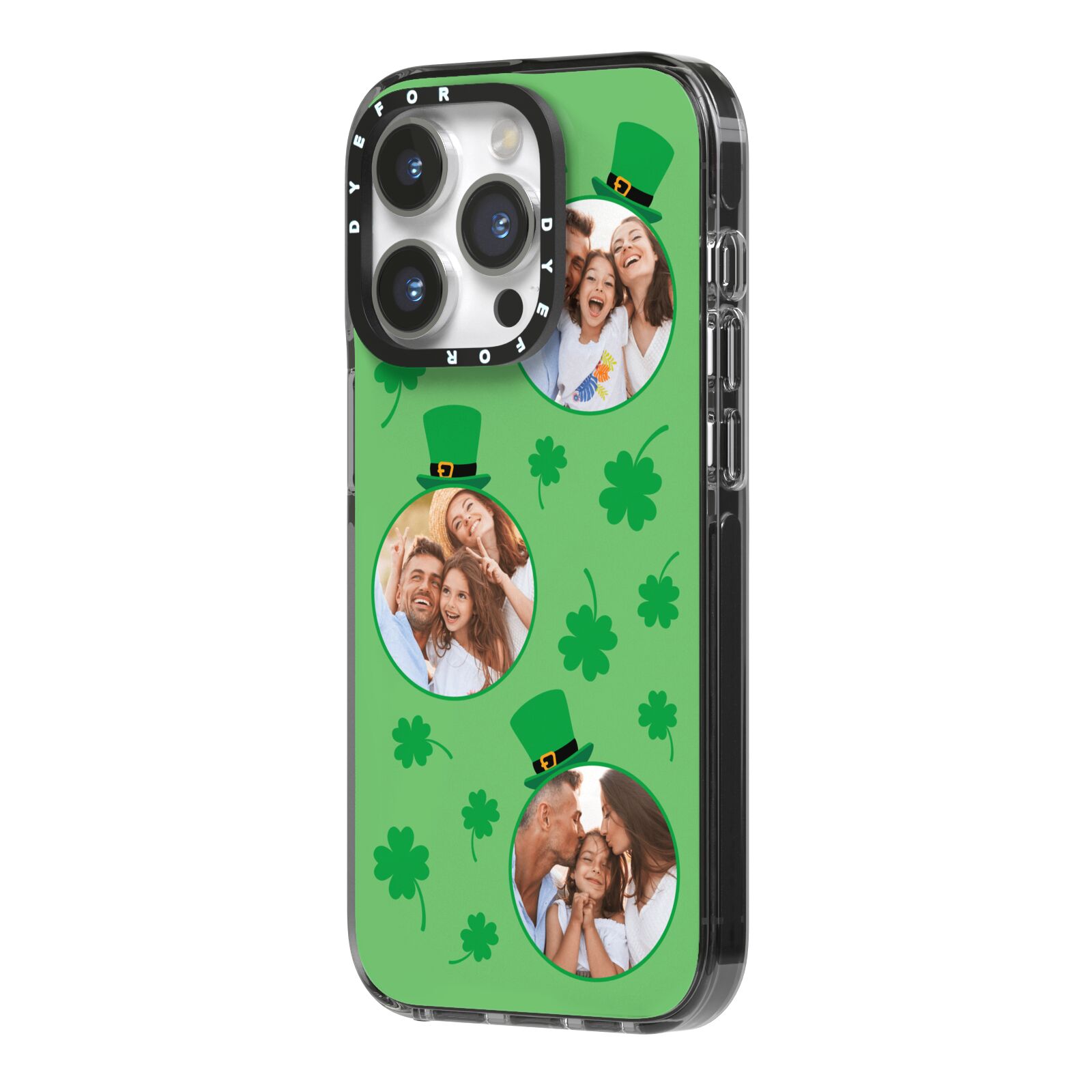 St Patricks Day Personalised Photo iPhone 14 Pro Black Impact Case Side Angle on Silver phone